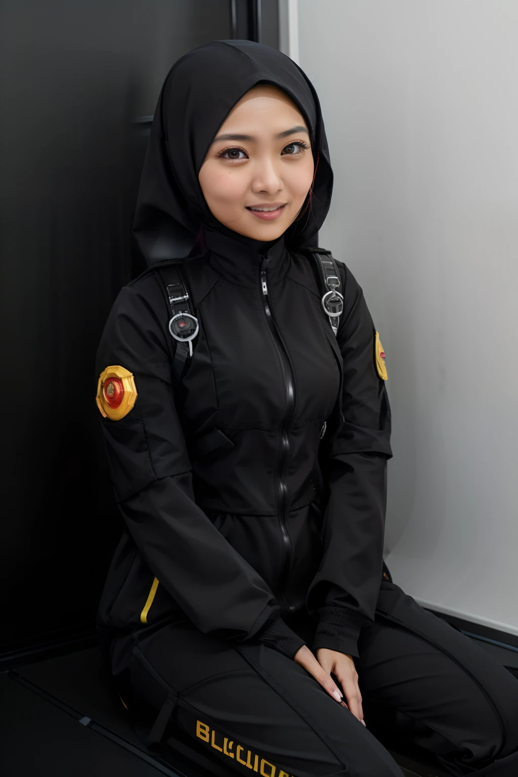 Absurd resolution, high resolution, (masterpiece: 1.4), hyper-detail, black-hijab young malay woman dressed as a technician, malay girl face, blushing and excited expression, sitting in an extremely narrow and closed mecha control room