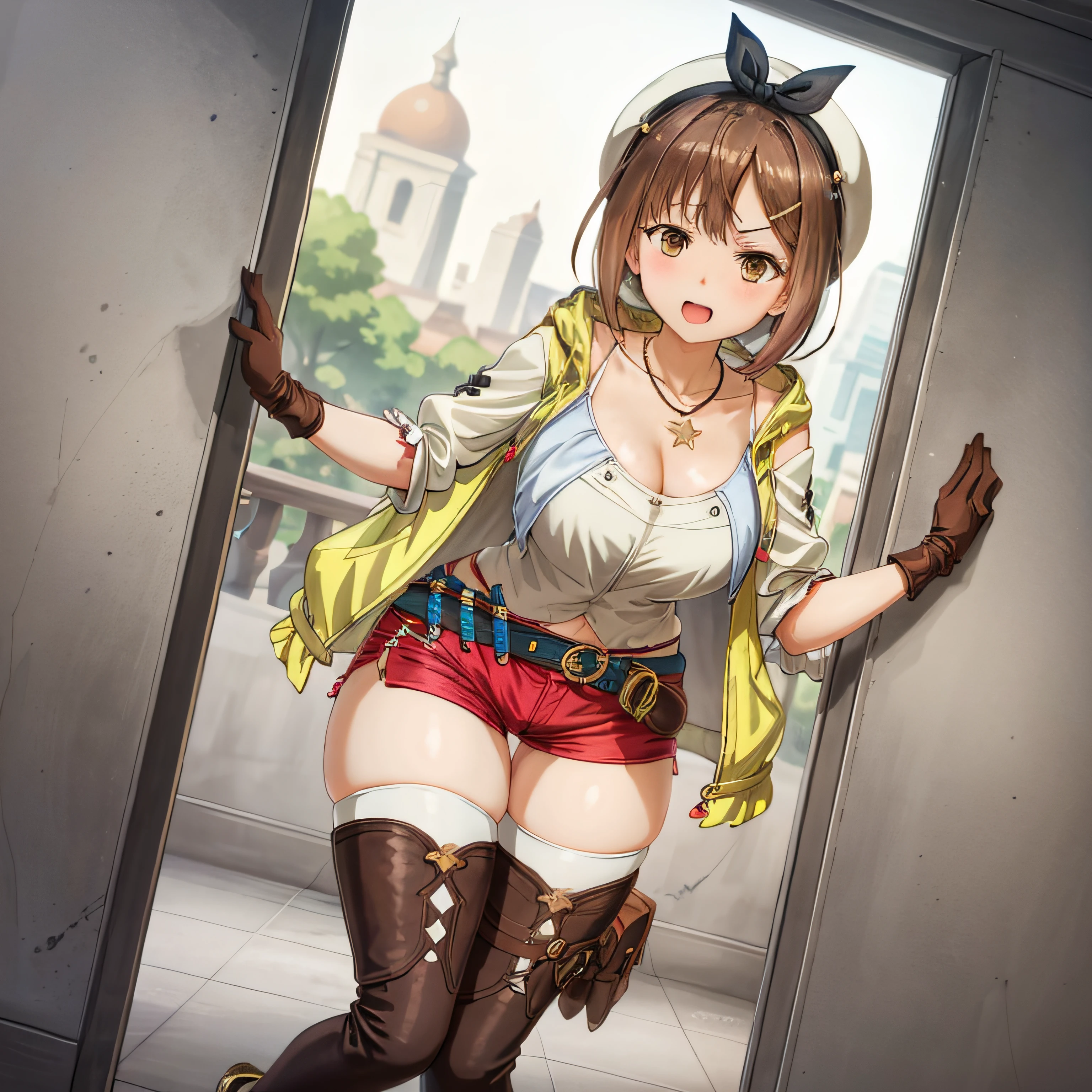 masterpiece, best quality, high resolution, extremely detailed CG, 2ndDefault, Asymmetrical Designed Costume, bare thighs, belt, breasts, ass, laughing, graffiti