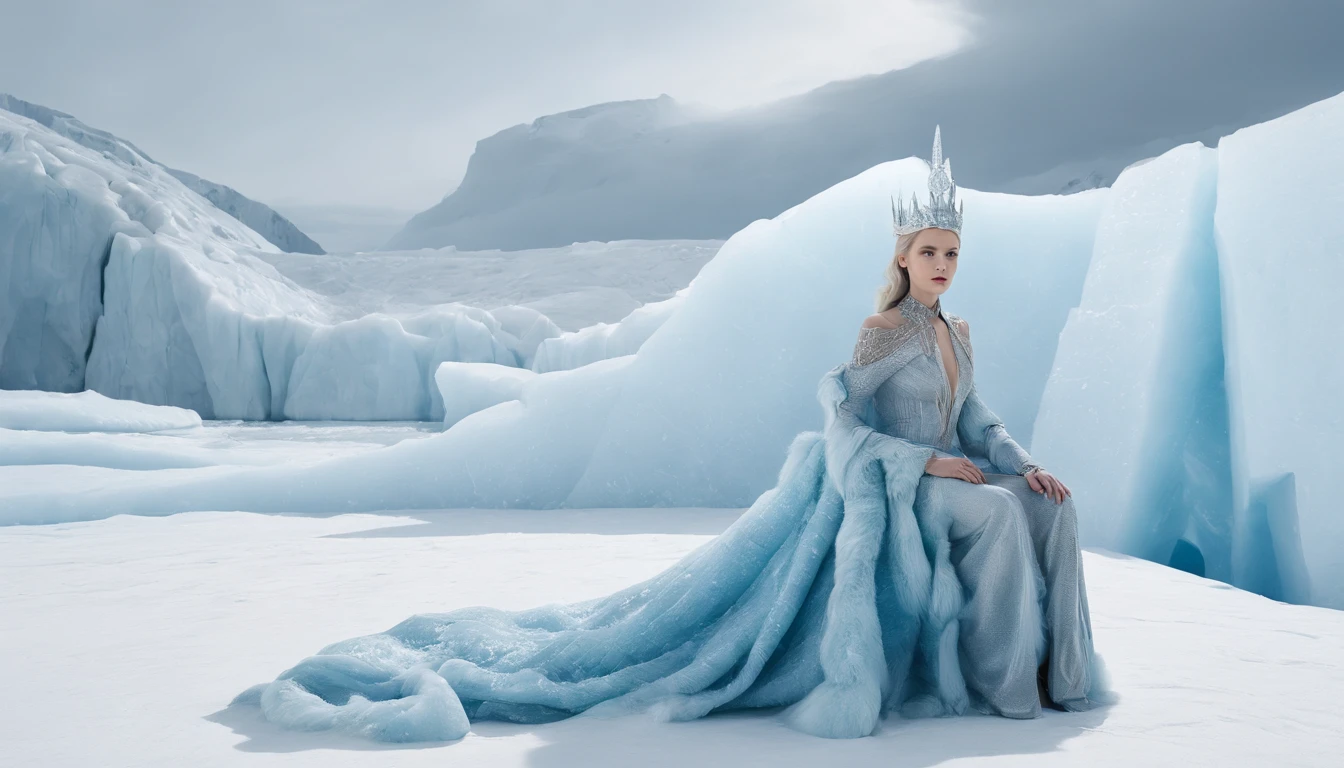 On a glacier in the North Pole there is a princess of an ice kingdom sitting on an ice throne