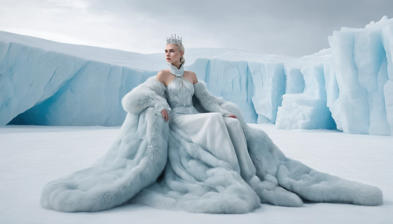 On a glacier in the North Pole there is a princess of an ice kingdom sitting on an ice throne