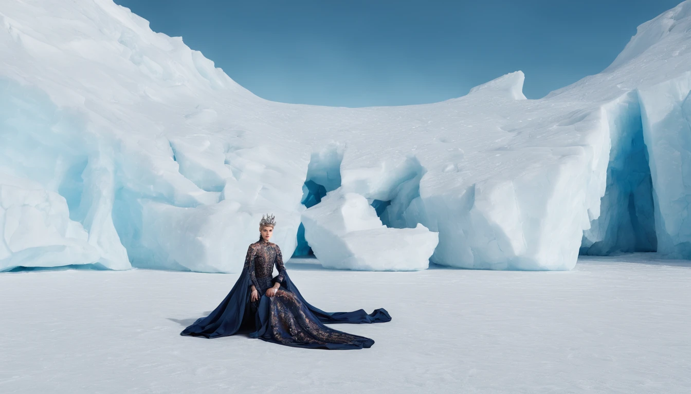 On a glacier in the North Pole there is a princess of an ice kingdom sitting on an ice throne