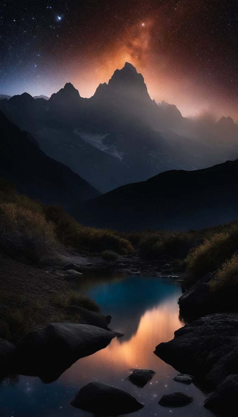 Agua, Mar, cielo oscuro, lluvia, Mountains, Estrellas, Starfall, Paisaje accidentado, majestic mountains, constelaciones en el cielo, via lactea, agujero oscuro, ambiente misterioso y oscuro, (((Dark))), (((Misterio)))