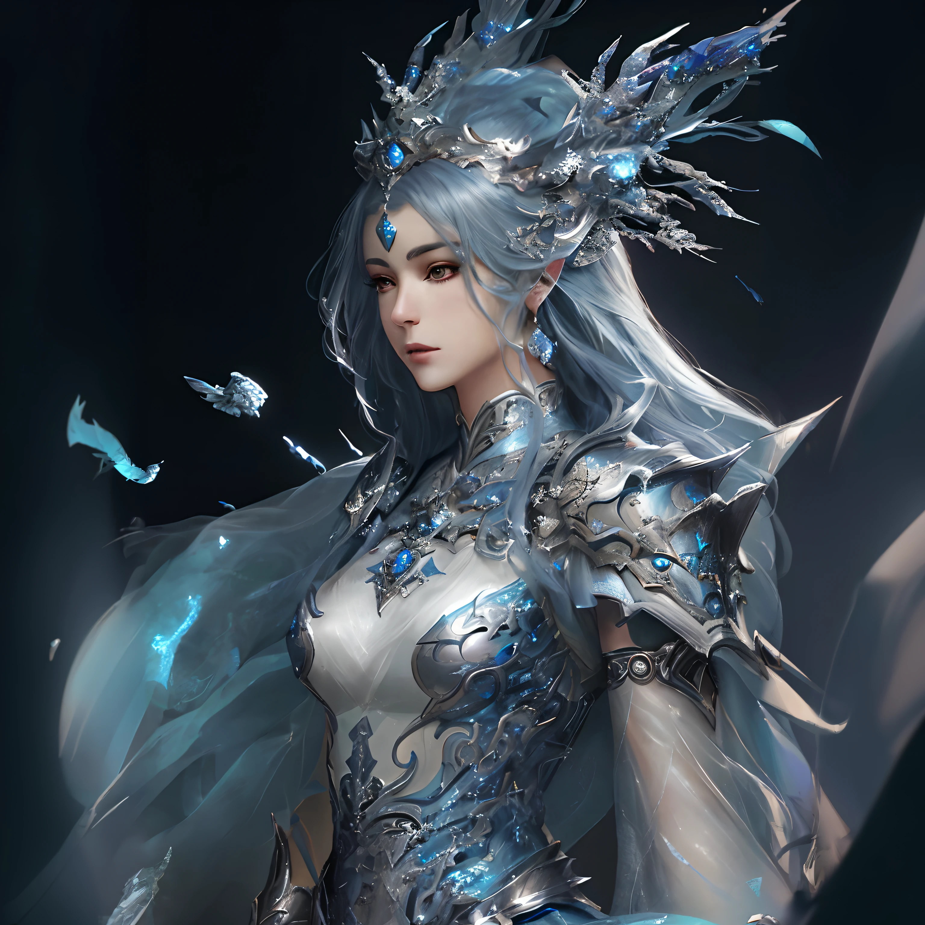 Close up portrait of woman in silver dress with blue feathers, epic exquisite character art, chengwei pan on artstation, Stunning character art, detailed fantasy art, pale blue armor, by Yang J, fanart best artstation, Ice Crystal Armor, by Qu Leilei, G Liulian art style, inspired by Fenghua Zhong、Best Quality