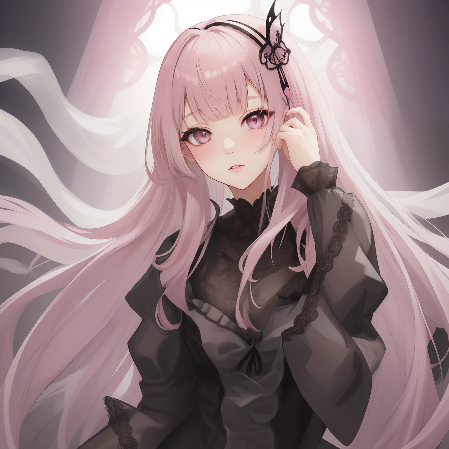best quality, exquisite facial features, perfect face, bishoujo, ojousama, {{grey eyes}}, long light pink hair, hime style bangs, lace trim, gothic, lace pantyhose