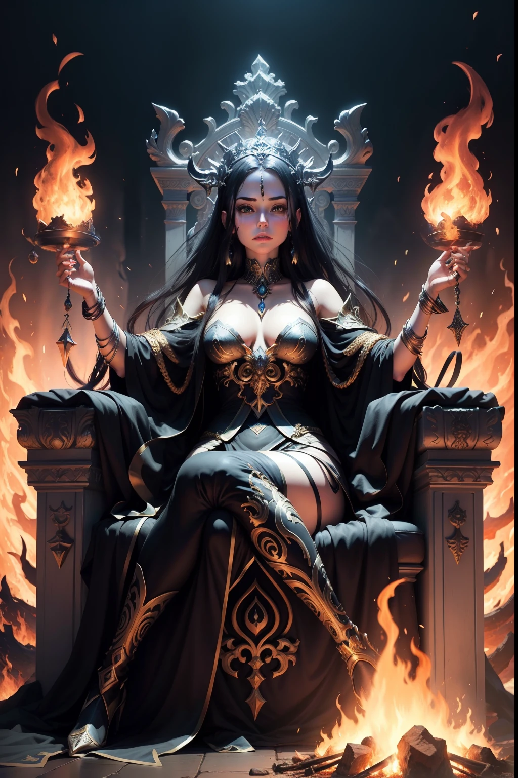 cthonic underworld goddess on a dope throne surrounded by fire