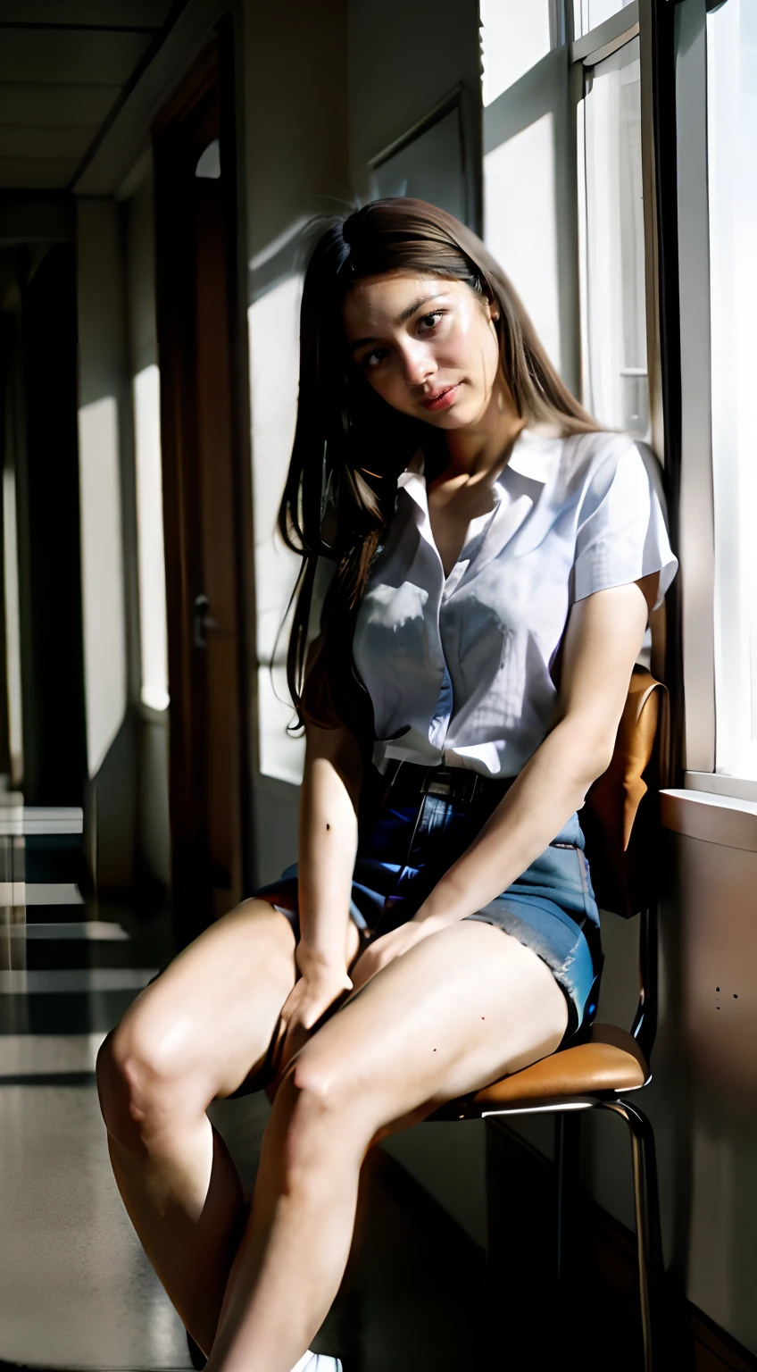 (Medium_shot:1.2), Best Quality, (8K, Raw photo, high angle full body shot,longshot,masutepiece:1.2), (Realistic, Photorealsitic:1.4), Realistic lighting,(1girl in),Japan High School Miniskirt Uniform,Long straight hair,((thighs thighs thighs thighs,groin)),(Slender body,Brown skin),Sitting on a chair in a high school hallway and opening legs