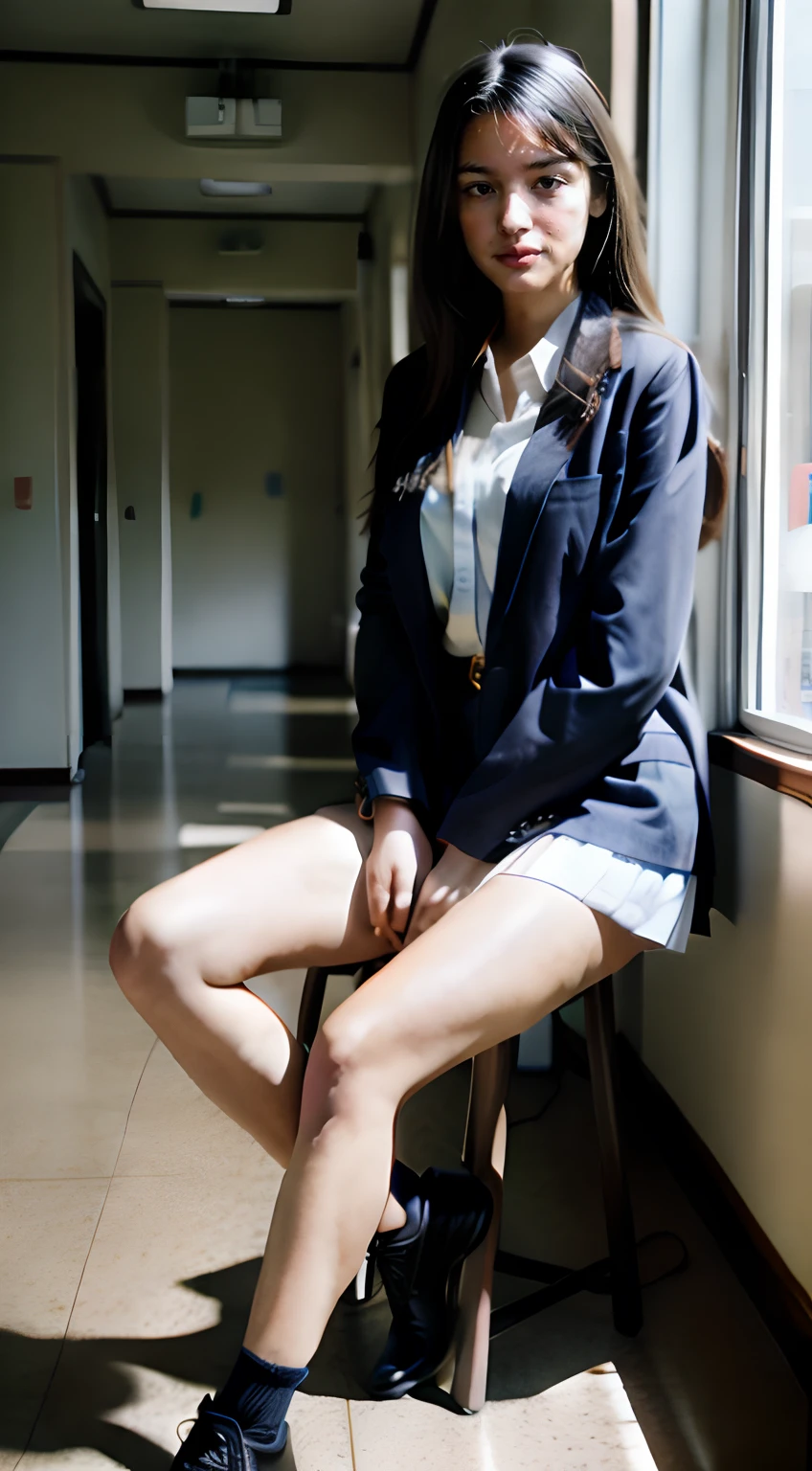 (Medium_shot:1.2), Best Quality, (8K, Raw photo, high angle full body shot,longshot,masutepiece:1.2), (Realistic, Photorealsitic:1.4), Realistic lighting,(1girl in),Japan High School Miniskirt Uniform,Long straight hair,((thighs thighs thighs thighs,groin)),(Slender body,Brown skin),Sitting on a chair in a high school hallway and opening legs
