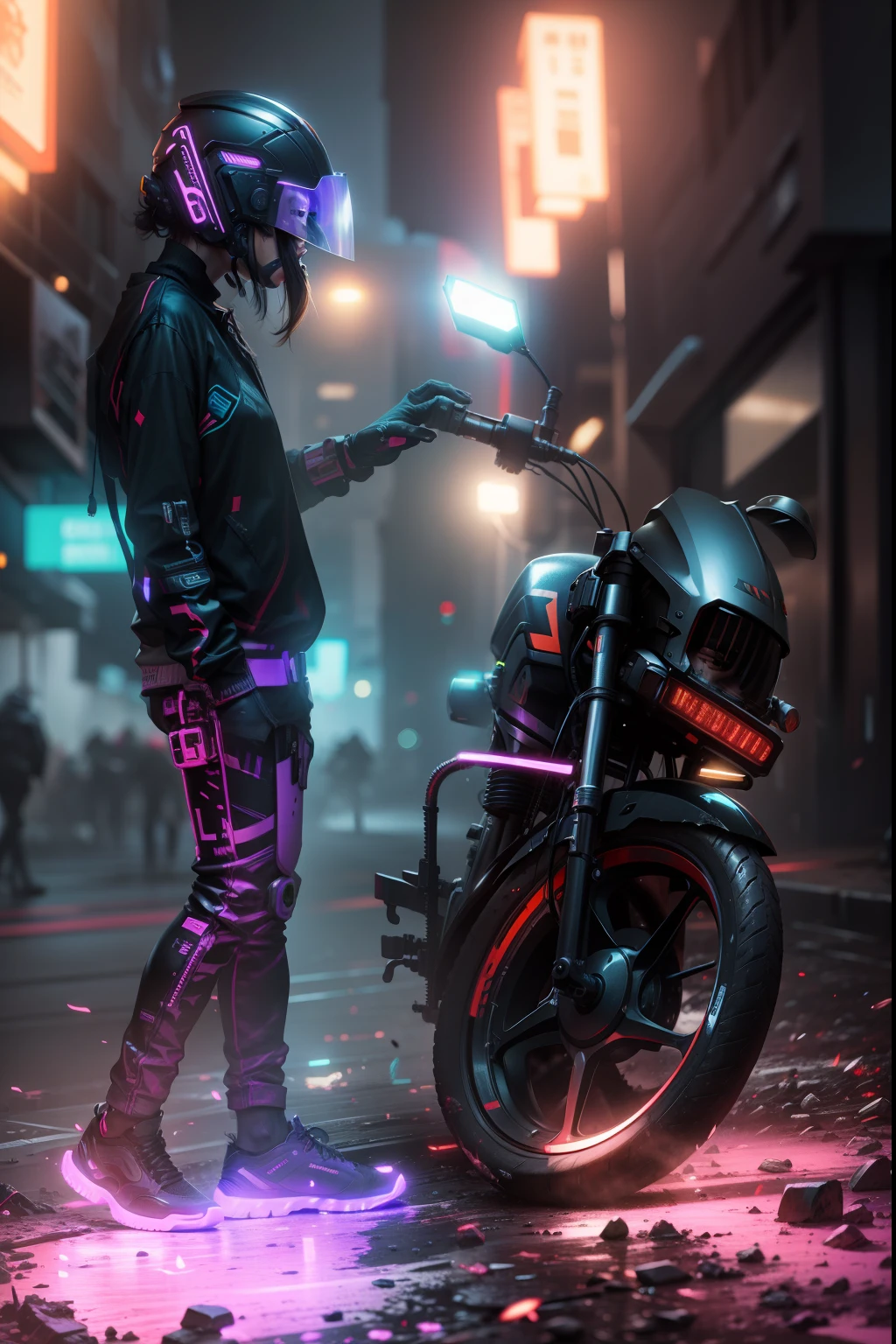 Background change cyberpunk look, hd, face sport helmet, 8k , Realistic