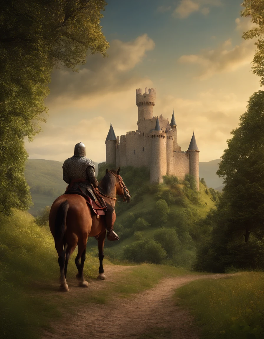 There is a man on horseback next to a medieval castle, Beautiful rendering of medieval tales, 3d rendered matte painting, Illustration Matte Painting, High quality matte painting，Cute, Castle background, inspired by Edmund Leighton, highly detailed matte painting, hyperdetailed 3d matte painting, hyperdetailed 3d matte painting, medieval castle background, 3D Matte Painting