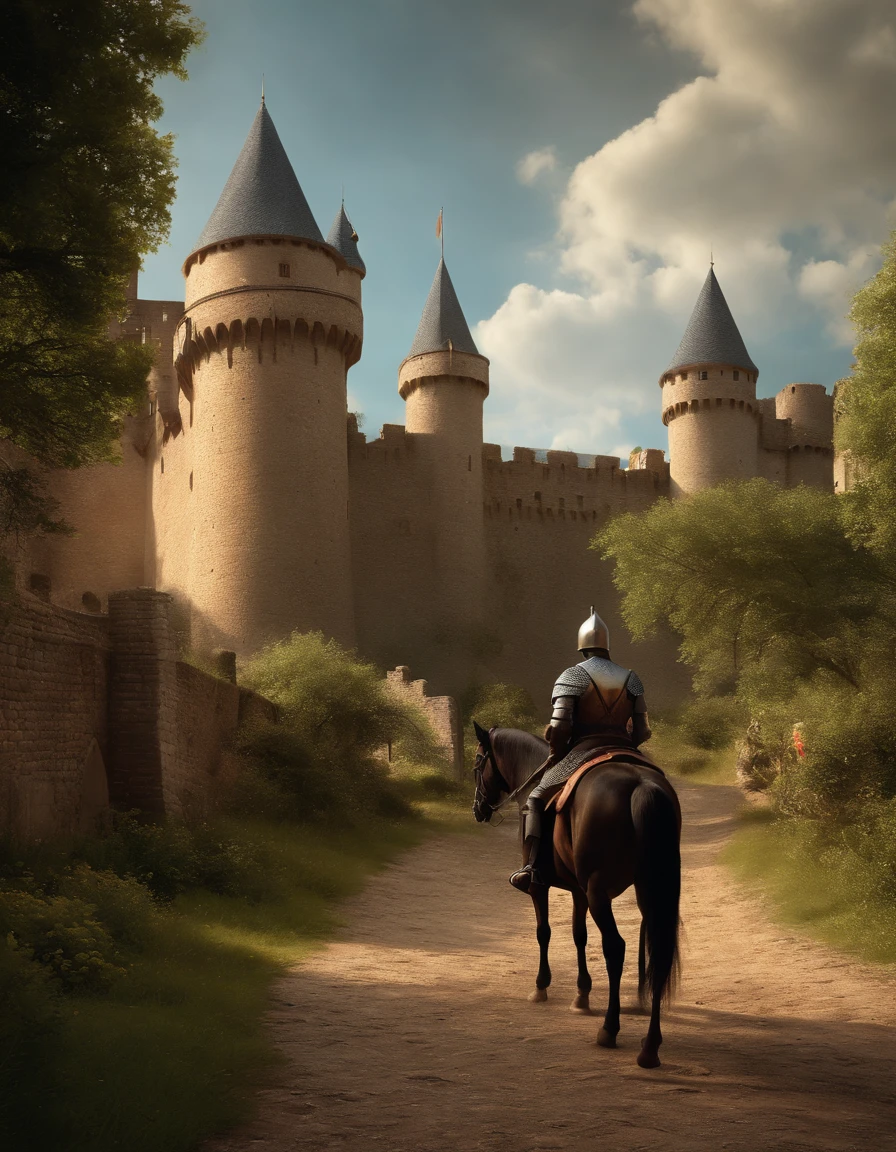 There is a man on horseback next to a medieval castle, Beautiful rendering of medieval tales, 3d rendered matte painting, Illustration Matte Painting, High quality matte painting，Cute, Castle background, inspired by Edmund Leighton, highly detailed matte painting, hyperdetailed 3d matte painting, hyperdetailed 3d matte painting, medieval castle background, 3D Matte Painting