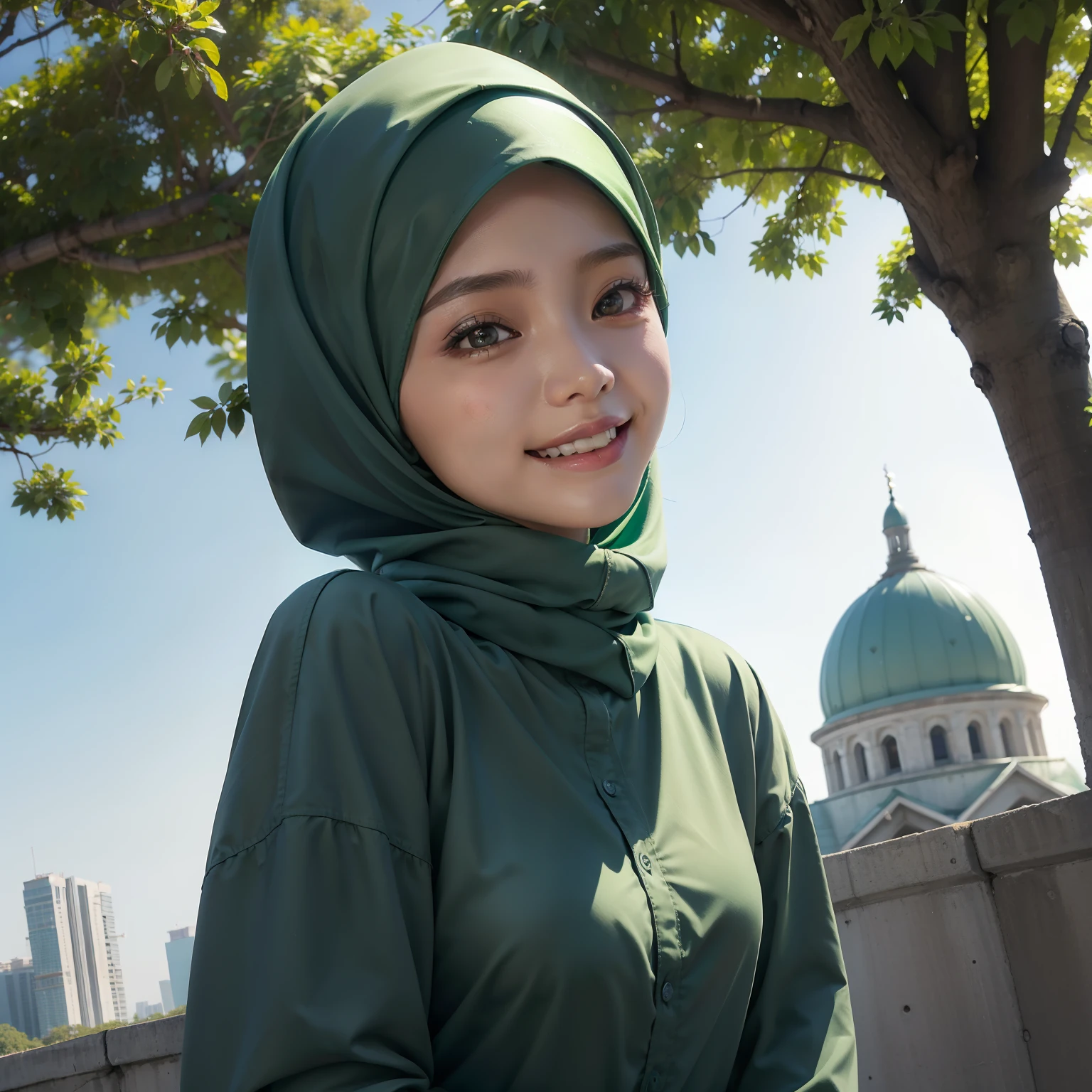 top-quality, masterpiece, (Photorealsitic:1.4), ultra-detailliert, Raw photo, 1 malay girl in hijab, A smile, long Green shirt, portlate, on the park, Blue Sky Background, Soft lighting