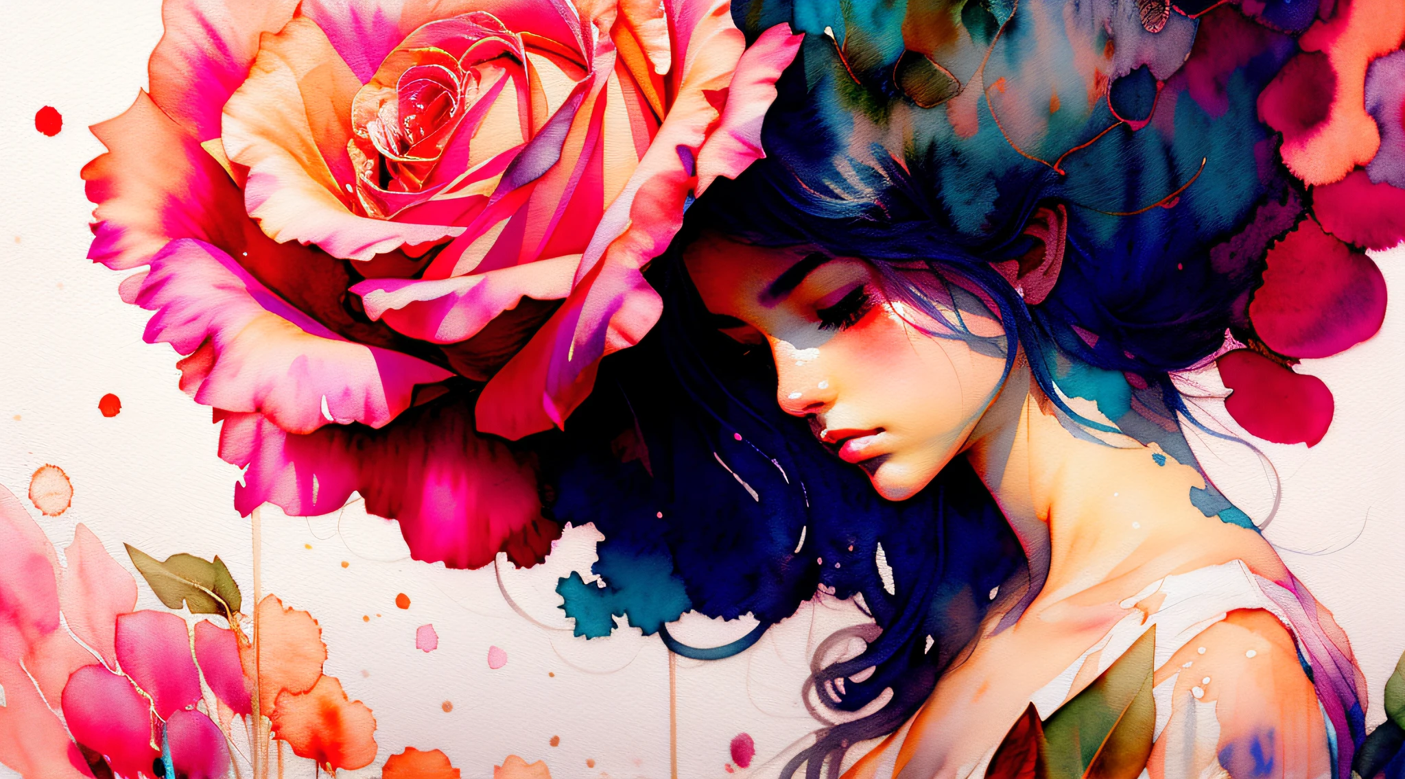 wtrcolor style, (rose) digital art, official art, blown by the wind, masterpiece, beautiful, ((watercolor)), paint splatter, intricate detail. Great detail, [dripping:0.7], Trending on Artstation, Rachel Walker