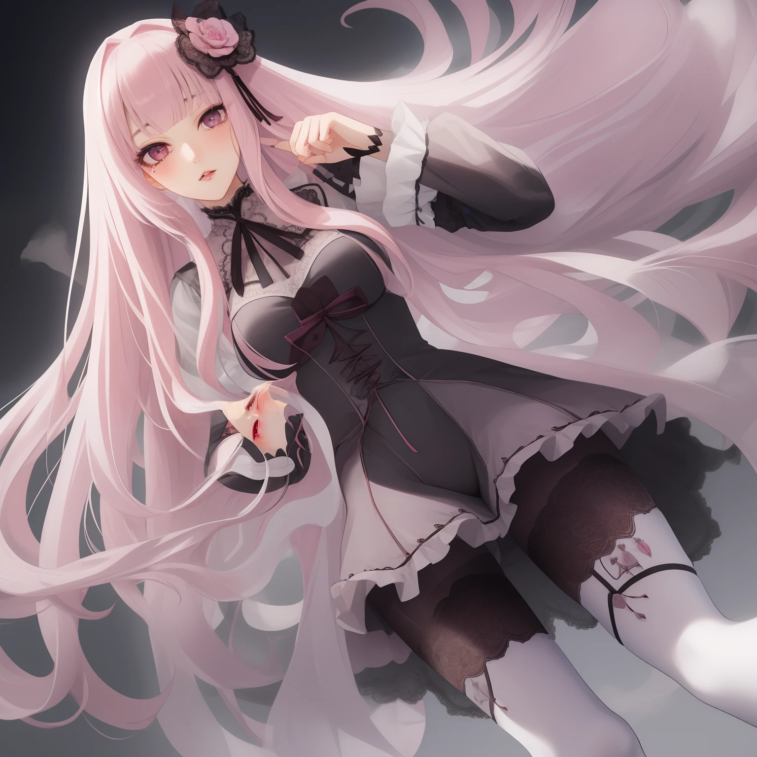 best quality, exquisite facial features, perfect face, bishoujo, ojousama, {{{grey eyes}}}, straight long pink hair, hime style bangs, lace trim, gothic, lace pantyhose