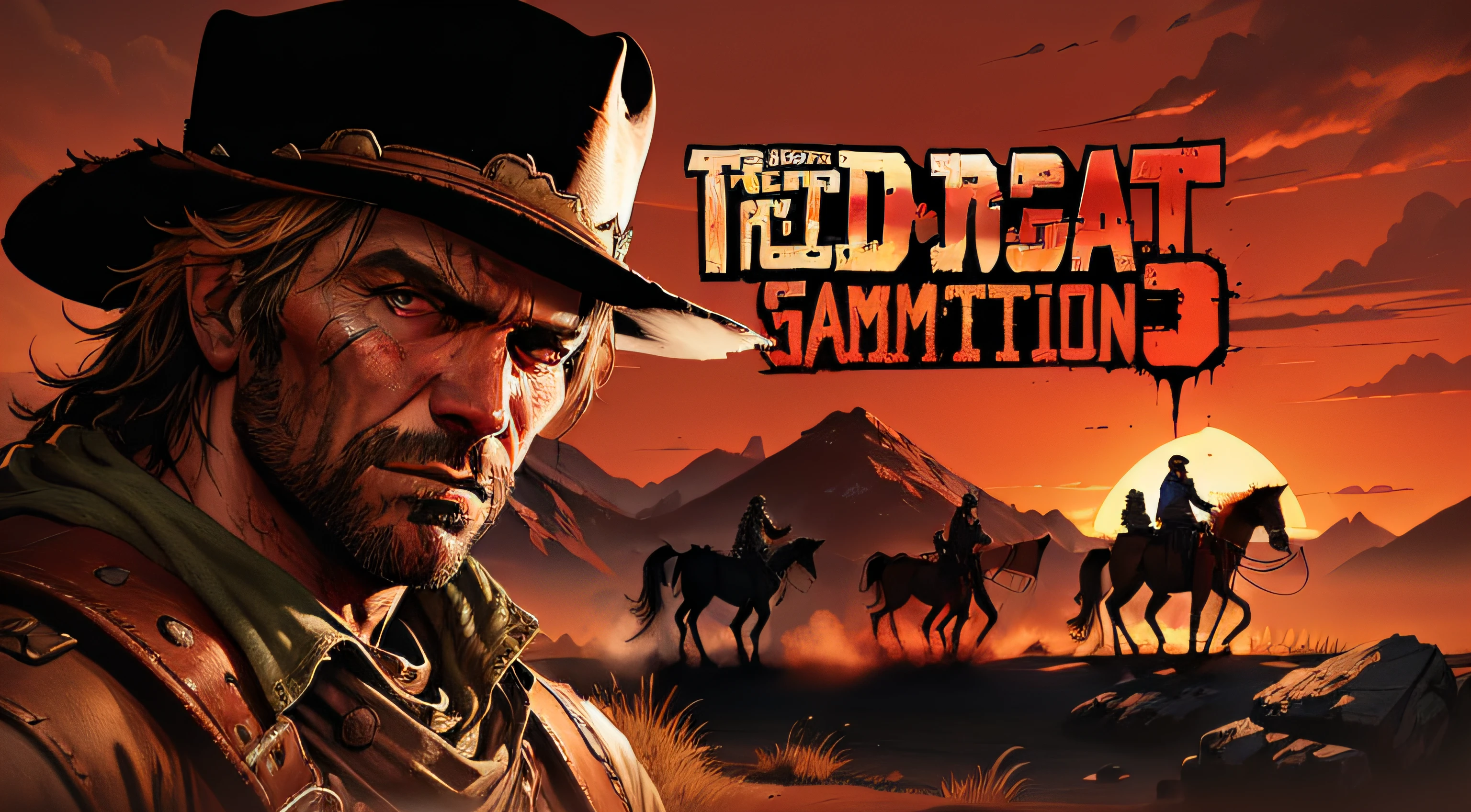 (bestselling gaming poster, concept, epic landscapes, action-packed scenes, vibrant colors, detailed characters and environments, gritty and realistic style) red dead redemption 3