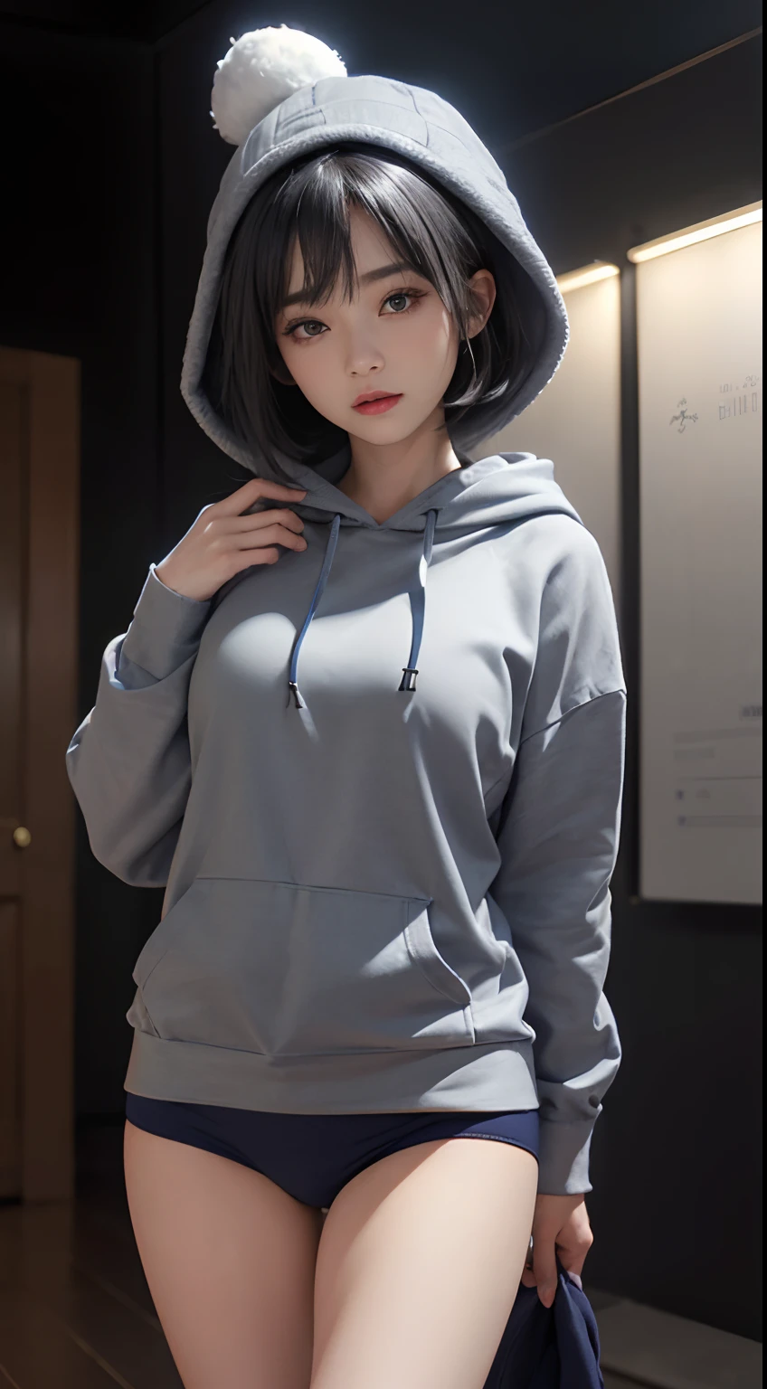 (masuter piece:1.3)、(8K、Photorealsitic、Raw photography、top-quality: 1.4)、(1girl in)、beautiful countenance、(Lifelike face)、(Navy Grey Hair、short-hair:1.3)、(Huge)、 (Clob top hoodie are sticking out from underneath:1.3)、(Miniskirt with visible panties:1.3)、Beanie、Wearing a knitted cute pom-pom hat、(Display hats on the screen)、realisticeyes、Beautiful details、(real looking skin)、Beautiful skins、absurderes、enticing、超A high resolution、A hyper-realistic、high-detail、the golden ratio