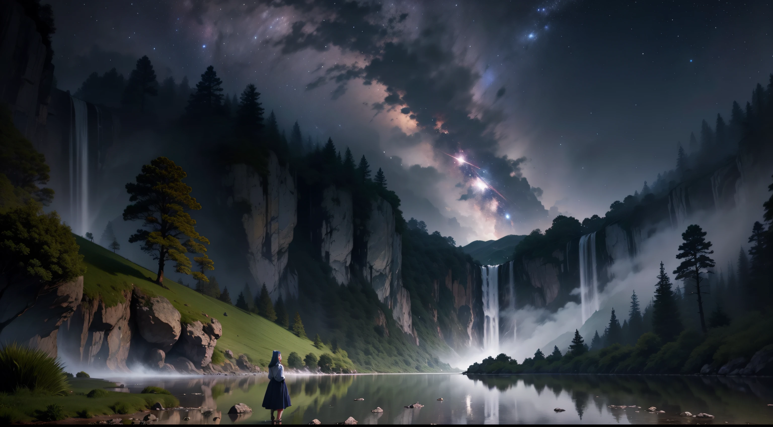 A  woman in a green field standing in the mirrored water of a waterfall, Facing the camera squarely, showing her medium breasts, cabelos cintilantes, the sky is bright night, com estrelas, and Milky Way, with a dreamlike and vivid color scheme, --Stylize, abstract anime lamp, Realistic