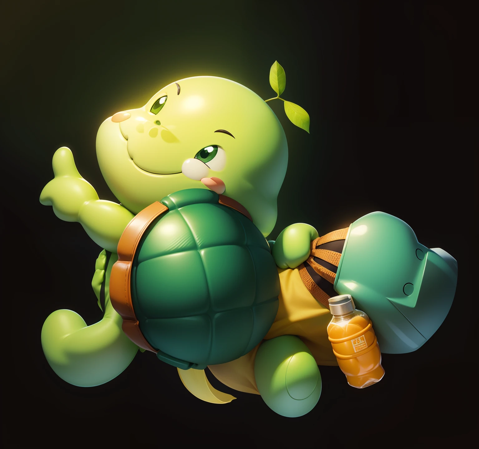 Cute cartoon,Return to likes,Green skin,The shell is brown,Redfaced,ssmile,In his right hand he holds a yellow cloth bag,mineral water,Run,