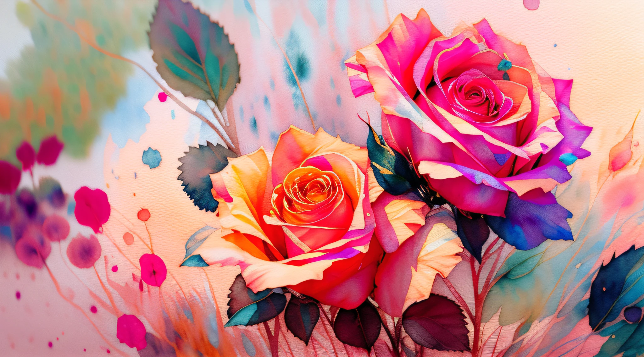 wtrcolor style, (rose) digital art, official art, blown by the wind, masterpiece, beautiful, ((watercolor)), paint splatter, intricate detail. Great detail, [dripping:0.7], Trending on Artstation, Rachel Walker