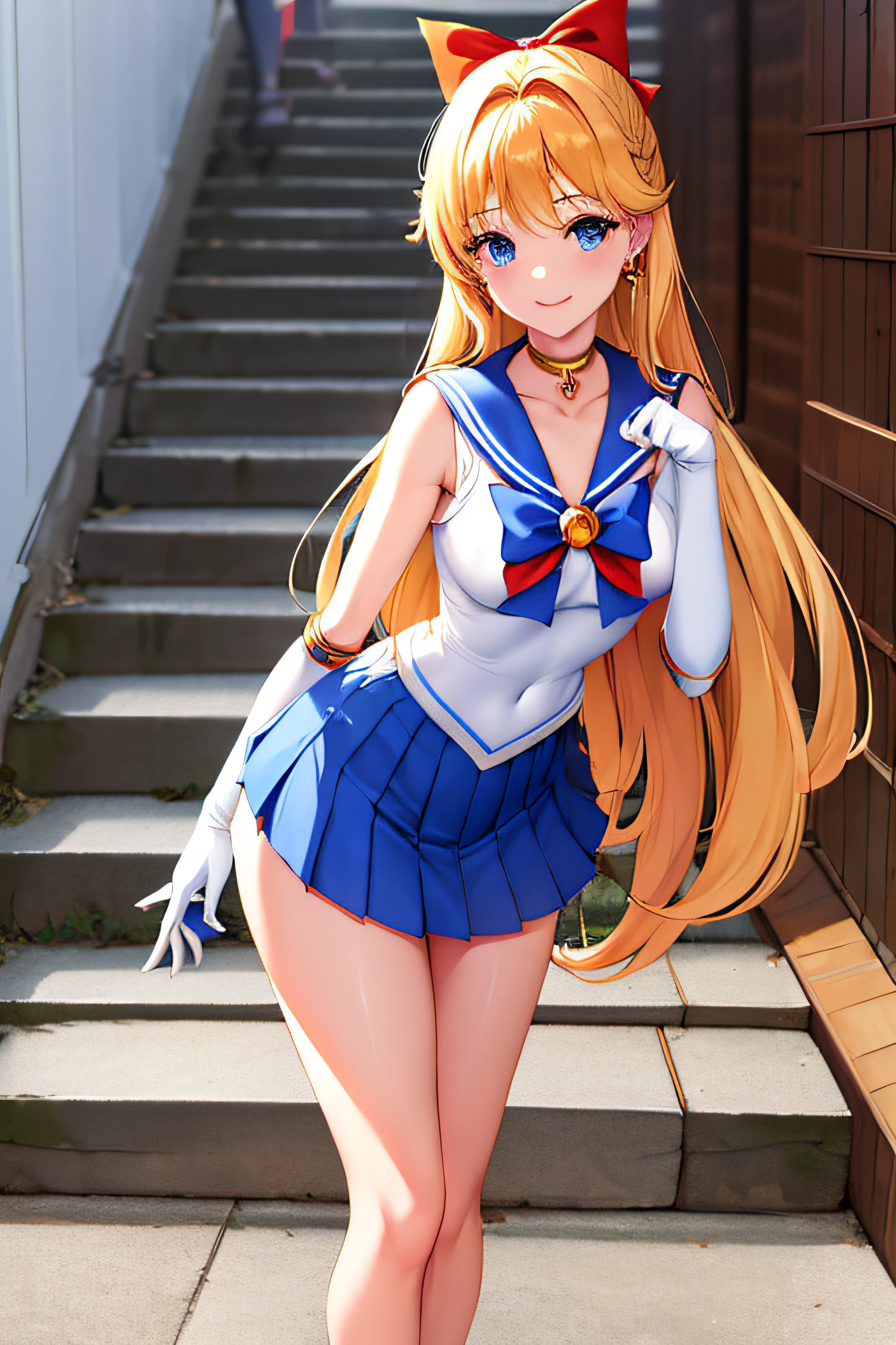 masutepiece, Best Quality, High resolution, venus1, 1 girl, Solo, Warrior Sailor Suit, sailorvenus, aino minako, Blonde hair, magical little girl, Blue eyes, Orange Ultra Mini Skirt, Elbow length gloves, tiarra, Pleated skirt , Hair Bow, Orange Sailor Necklace, Ultra mini skirt, Choker, Red bow, orangechoker, White Gloves, Very long hair, Jewelry, earrings, Climb the stairs, close-up, Smile, Cowboy Shot, Sailor Senshi Uniform, Sailor collar, Pleated skirt, elbow groves, Show me her loot, There is no string on the big loot, Full body, Rabbit, Close-up loot, Slim Girl, Skinny Girl , big booty.
