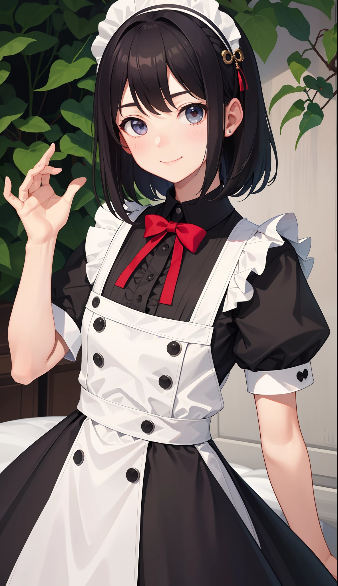 1girl in、AS-Adult、A smile、The shirt、skirt by the、(small tits)、doress、pinafore、hair adornments、(Maids)、Upper body portrait、