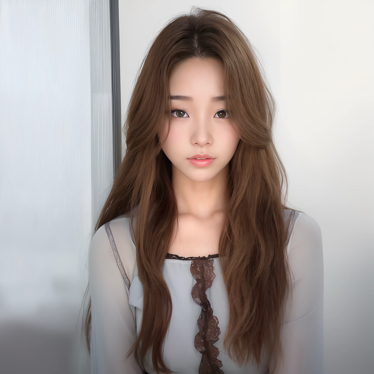 there is a woman with long hair and a gray shirt, ulzzangs, long glowing ethereal hair, light brown neat hair, Soft portrait shot 8 K, jaeyeon nam, young lovely Korean faces, her skin is light brown, Brown hair long, popular korean makeup, With long hair, Popular Korean makeup, Gorgeous young Korean girl, coral brown hair,(Photorealistic: 1.4), (Hyperrealistic: 1.4), (Realistic: 1.3), (Smooth lighting: 1.05), (cinematic lighting quality improvement: 0.9), 32K, 1 girl, Realistic lighting, The light from the back window is backlighted, Face Lights, Ray traching, (Bright light: 1.2), (Quality improvement: 1.4), ( Realistic textured skin of the highest quality: 1.4), Fine Detailed Eyes, Detailed face, 24 years of age,