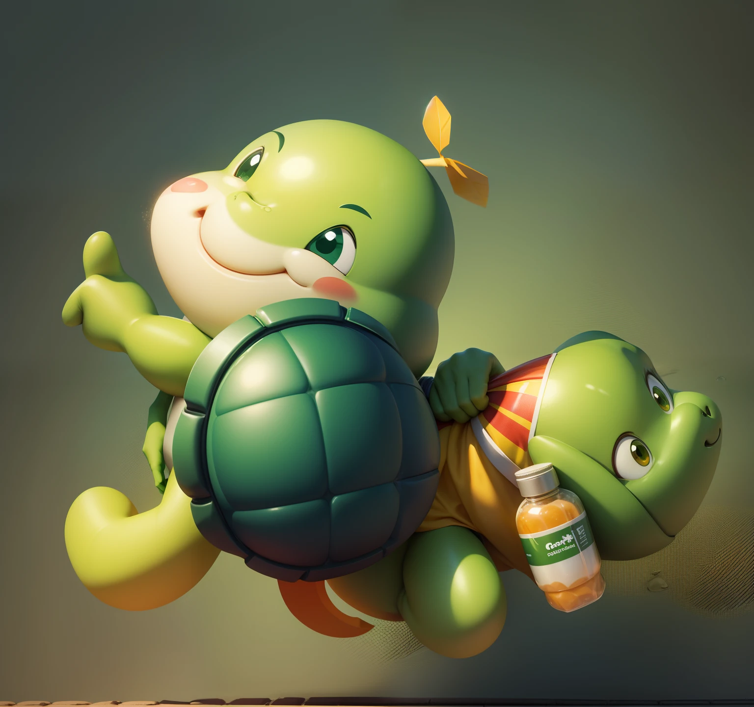 Cute cartoon,Back like,Green skin,The shell is brown,Redfaced,ssmile,Hold a yellow cloth bag in your right hand,mineral water,run,