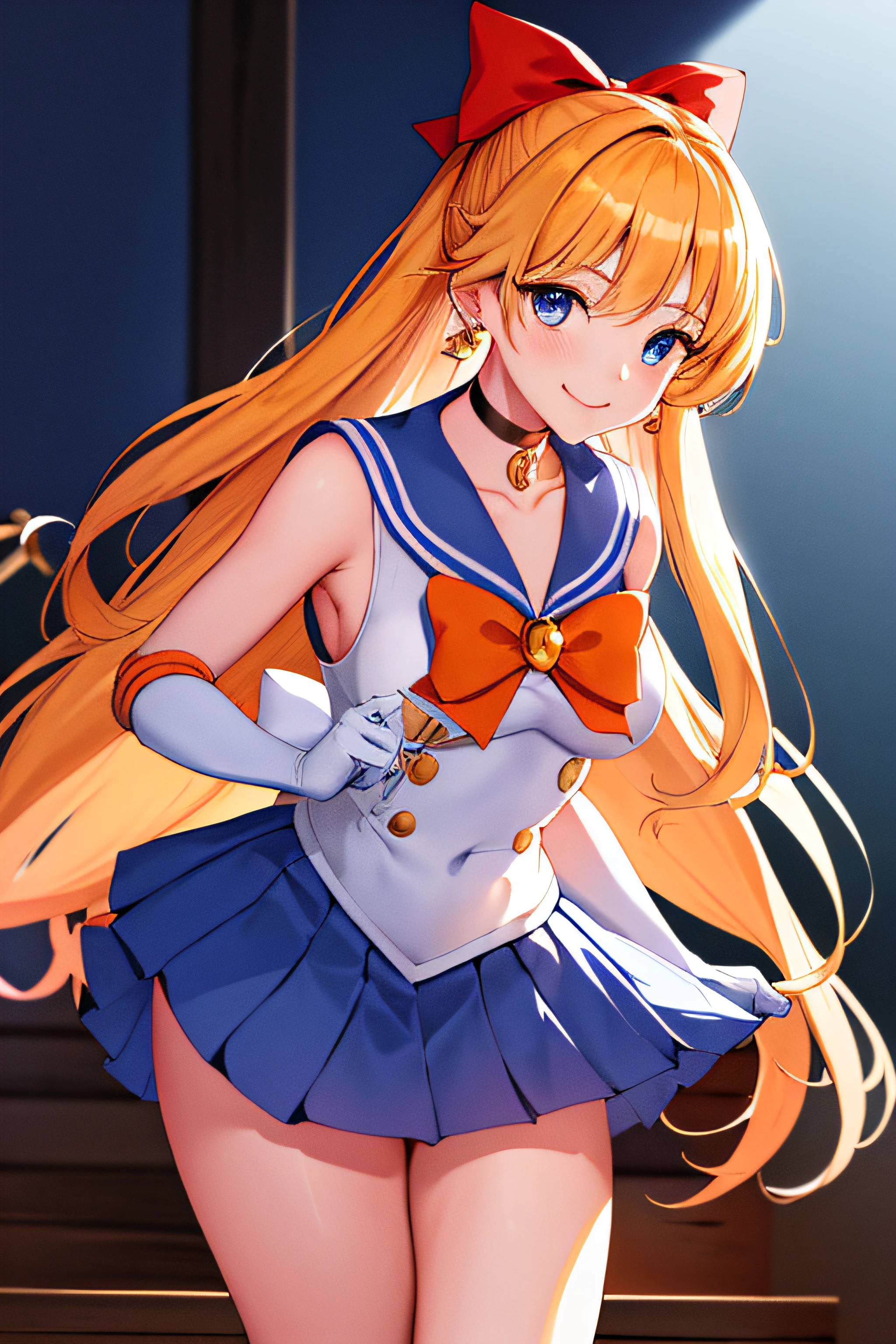 masterpiece, highest quality, High resolution, SV1, sailor warrior uniform, elbow bag, tiara, red bow, orange choker, Orange sailor collar, white gloves, jewelry, white leotard, outdoor, street, cowboy shot, butt, from behind, perfect face, perfect eyes, lips, blush, big breasts, towards the wall