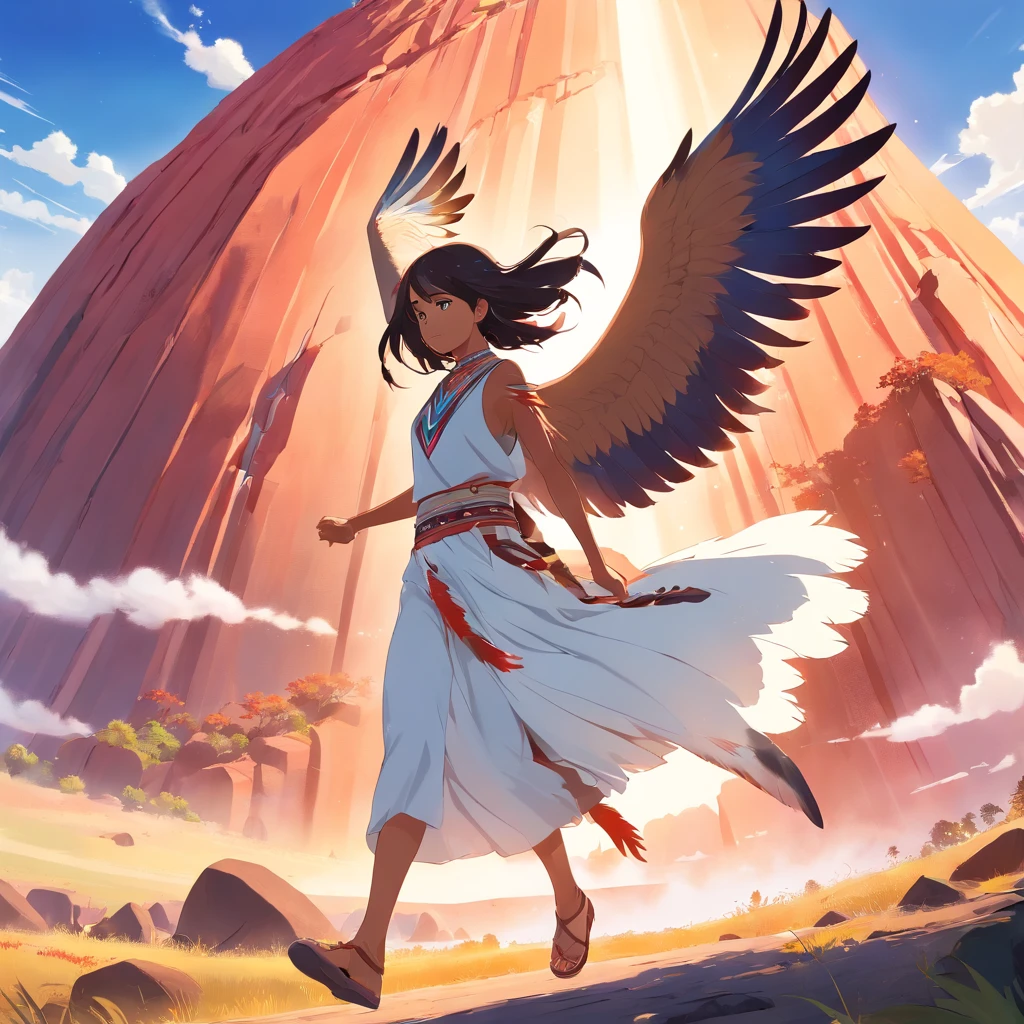 ​masterpiece、top-quality、ultra-detailliert、((prismatic effects))((native american))White long hair、youth、((Traditional costume))、Feather ornament on the head、Big eagle in flight、The magnificent Mount Olga、((Ayers Rock))、