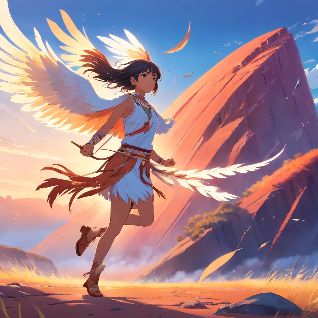 ​masterpiece、top-quality、ultra-detailliert、((prismatic effects))((native american))White long hair、youth、((Traditional costume))、Feather ornament on the head、Big eagle in flight、The magnificent Mount Olga、((Ayers Rock))、