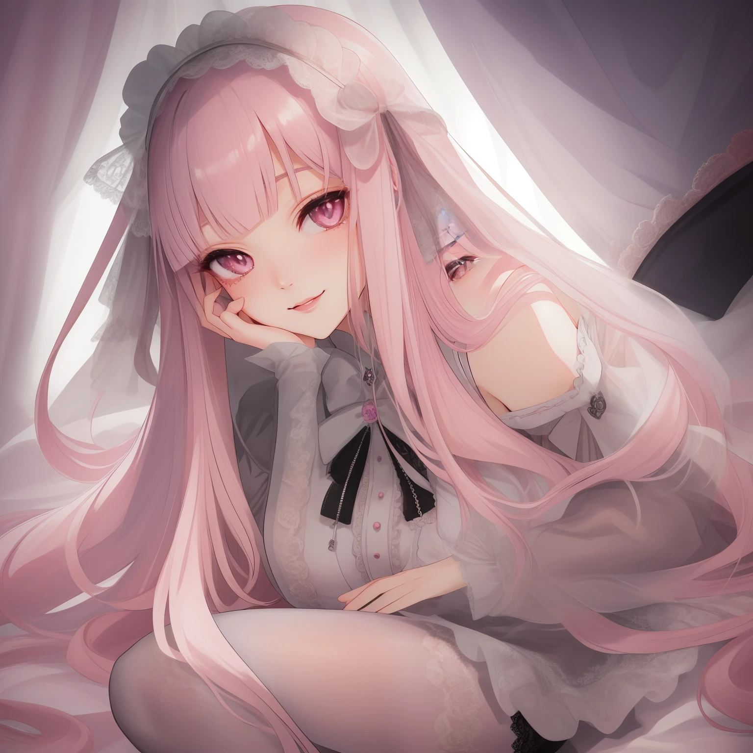 best quality, exquisite facial features, perfect face, bishoujo, ojousama, {{{grey eyes}}}, straight long pink hair, hime style bangs, lace trim, gothic, lace pantyhose, light smile