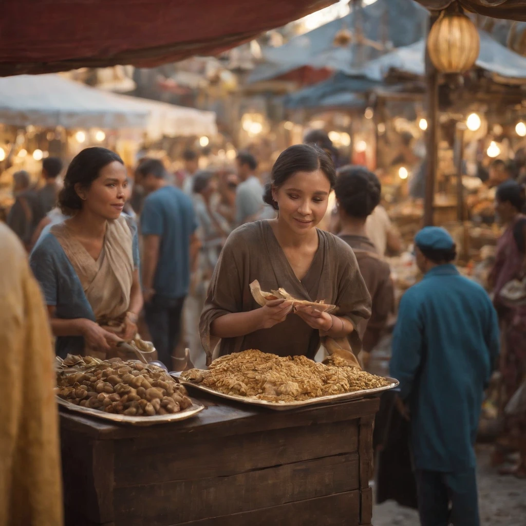 Background: A bustling market in the Magic City, Creatures of various shapes and sizes object mysterious artifacts々Where to replace.

Characters: Mischievous, Quick finger thief (Kieran) In the mysterious air, Steal powerful amulets from vendors' stalls.{Realistic}