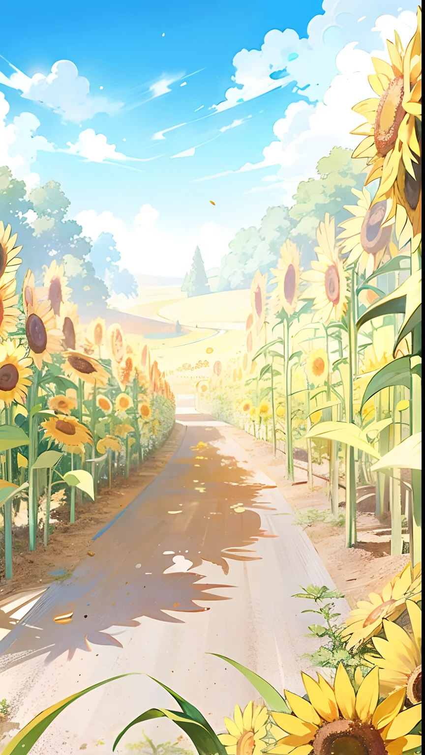 There is a painting of a sunflower field with a road, Anime background art, anime backgrounds, beautiful sunflower anime girl, anime countryside landscape, anime beautiful peace scene, scene : Sunflower field, scene: Sunflower field, beautiful anime scenery, beautiful anime scenes, um dia ensolarado, Anime landscapes, On a sunny day, bright sunny summer day, sunflowers in the background