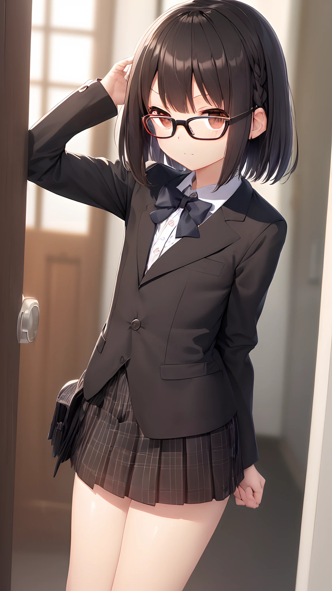 (masutepiece, Best Quality, Capture super cute moments, depth of fields, ultra-detailliert, Ultra High Resolution, C4D, Octadale, 3D Modeling, 8K, 16 K, one girls、a junior high school student、A dark-haired、short-hair、straight haired、Light brown eyes,hair adornments、wearing black glasses、Cute face)、OL、suits
