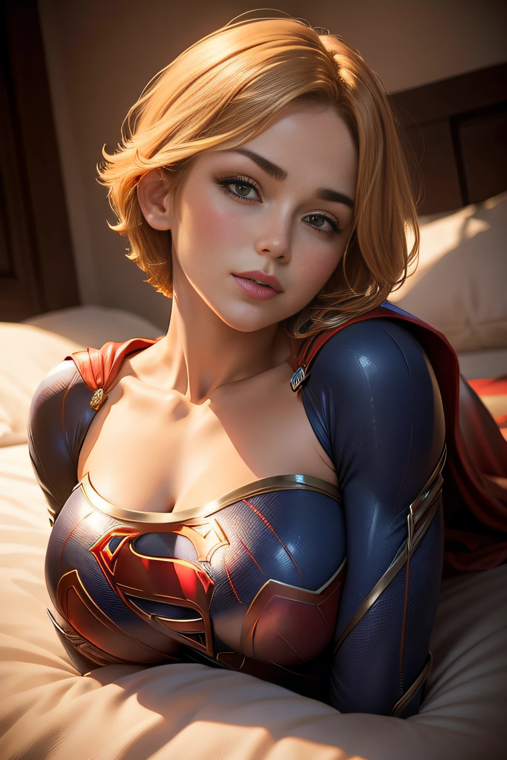 masterpiece、Short-haired Supergirl lying face down on bed、large full breasts、Looking at the camera、Glossy costume、thigh
