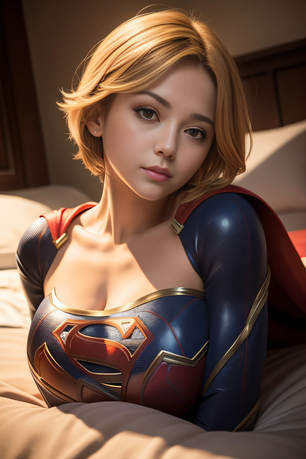 ​masterpiece、Short-haired Supergirl lying face down on bed、large full breasts、Looking at the camera、Glossy costume