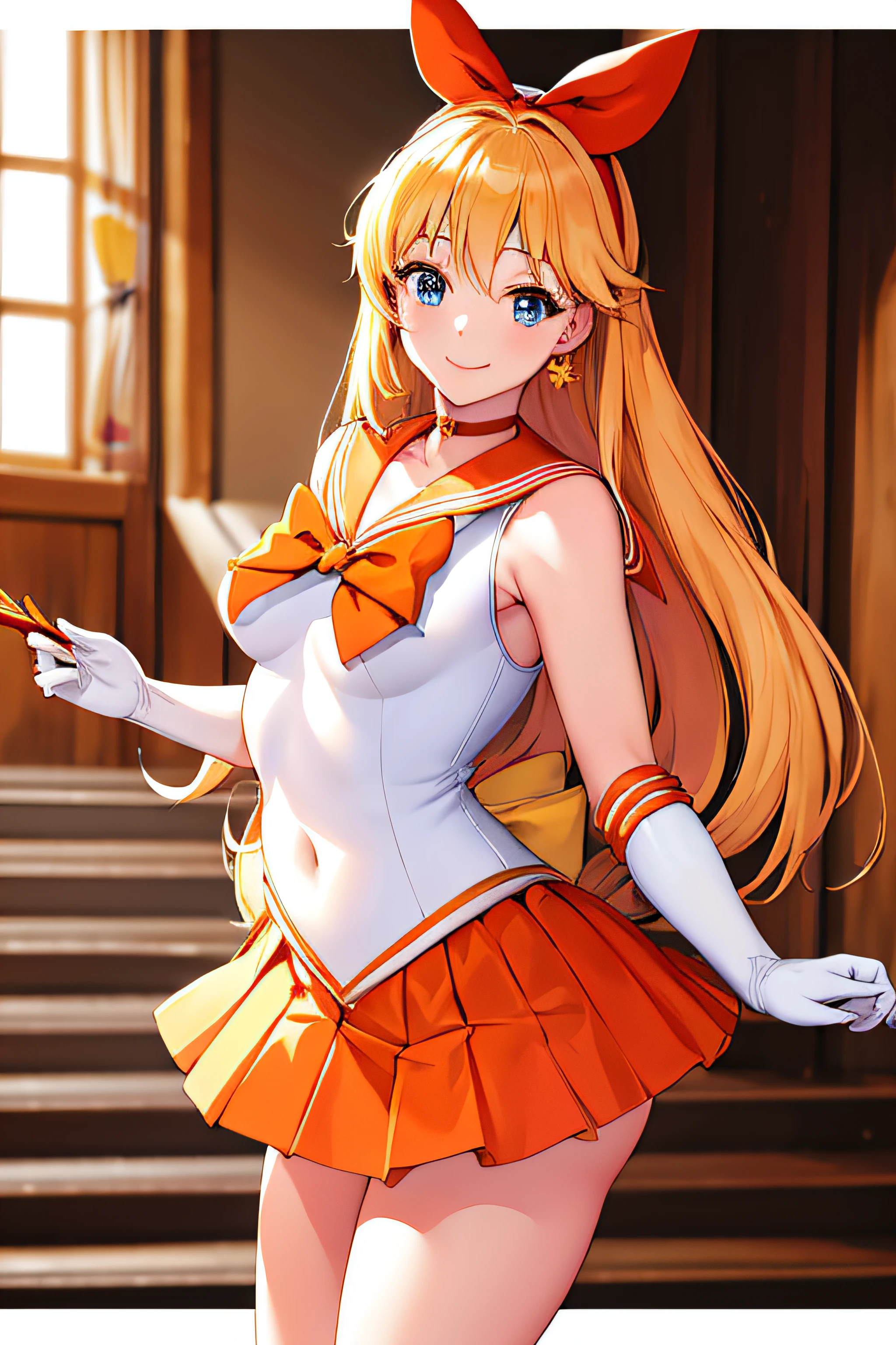 masutepiece, Best Quality, High resolution, venus1, 1 girl, Solo, Warrior Sailor Suit, sailorvenus, aino minako, Blonde hair, magical  girl, Blue eyes, Orange Ultra Mini Skirt, Elbow length gloves, tiarra, Pleated skirt , Hair Bow, Orange Sailor Necklace, Ultra mini skirt, Choker, Red bow, orangechoker, White Gloves, Very long hair, Jewelry, earrings, Climb the stairs, close-up, Smile, Cowboy Shot, Sailor Senshi Uniform, Sailor collar, Pleated skirt, elbow groves, Show me the loot, Large loot has no strings, Full body, Rabbit, Close-up loot, Slim Girl, Skinny Girl , big booty.