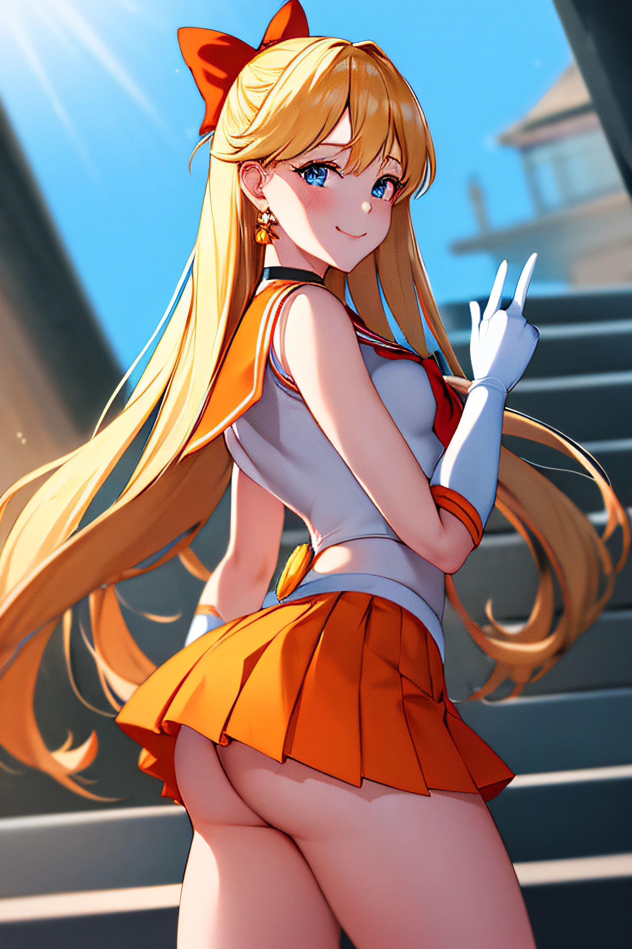 masutepiece, Best Quality, High resolution, venus1, 1 girl, Solo, Warrior Sailor Suit, sailorvenus, aino minako, Blonde hair, magical  girl, Blue eyes, Orange Ultra Mini Skirt, Elbow length gloves, tiarra, Pleated skirt , Hair Bow, Orange Sailor Necklace, Ultra mini skirt, Choker, Red bow, orangechoker, White Gloves, Very long hair, Jewelry, earrings, Climb the stairs, close-up, Smile, Cowboy Shot, Sailor Senshi Uniform, Sailor collar, Pleated skirt, elbow groves, Show me the loot, Large loot has no strings, Full body, Rabbit, Close-up loot, Slim Girl, Skinny Girl , big booty.