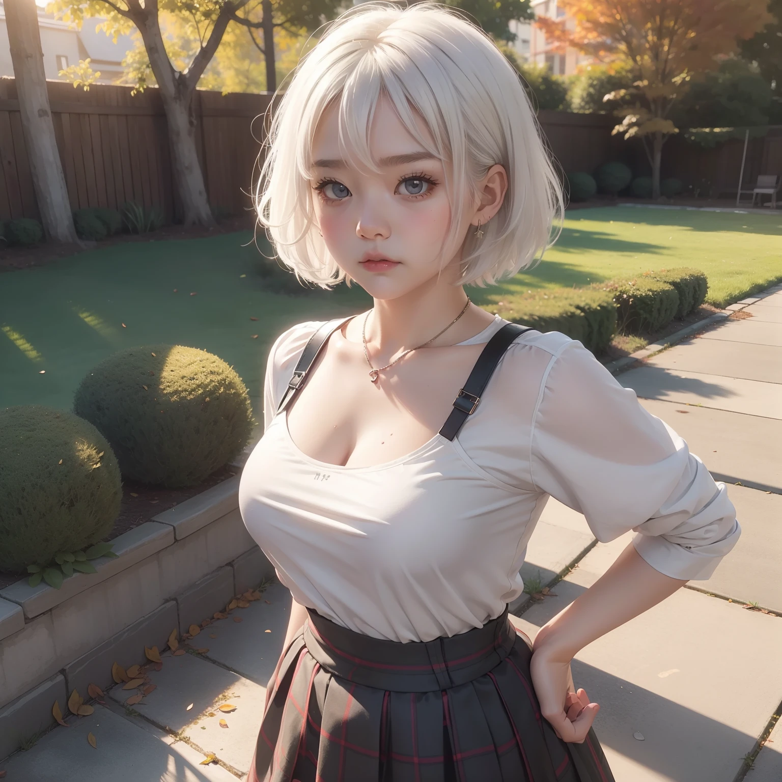 Very short hairstyle、Little fat girl、15age、white hair、short-haired、A little angry face、sulky face、Autumn landscape、Hair illuminated by the sun、Little fat woman、skirt by the、white hair、shorth hair、Troubled face、hightquality、a miniskirt、校服、tanned face、tiny chest、Underwear is visible from the skirt、A sexy、Transparent genitals covered in sweat