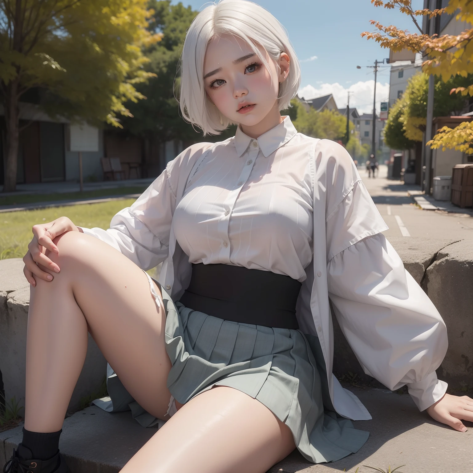 Very short hairstyle、Little fat girl、15age、white hair、short-haired、A little angry face、sulky face、Autumn landscape、Hair illuminated by the sun、Little fat woman、skirt by the、white hair、shorth hair、Troubled face、hightquality、a miniskirt、校服、tanned face、tiny chest、Underwear is visible from the skirt、A sexy、Transparent genitals covered in sweat