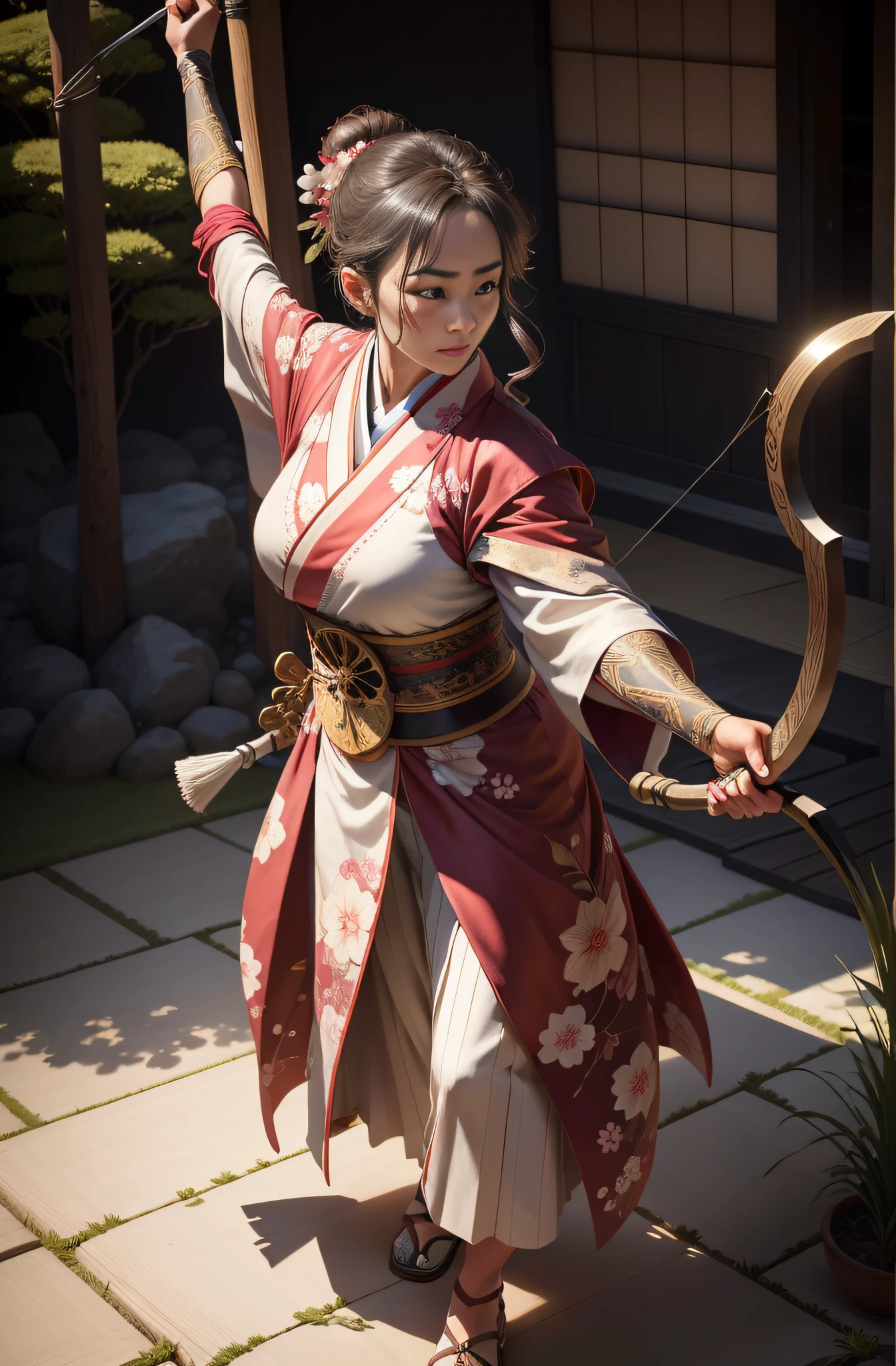 The animations are rich in detail,This is a high-quality 8K masterpiece,40-year-old mature woman,Enchanting and beautiful,Japanese kimono light clothing,holding a bow and arrow in his hands,Fighting posture,fantasy