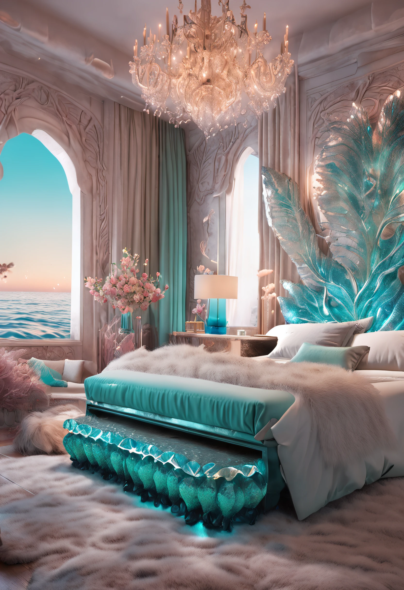 hyper realistic photo, ultra detailed photograph of a beautiful mermaid bed, fluffy seashell pillows, mermaidcore, photorealistic, iridescent, hyperrealism, opal blankets, pool above bed, glass aquarium, foamy, wavy, sexy, Ultra photoreal, Intricate details, Ultra detailed, elegant photorealistic, great high details, hyper real photo, 8k, extreme quality, mirrors, flowers, jewels, coral, full room, exotic, glimmering lights, magical, bioluminescence