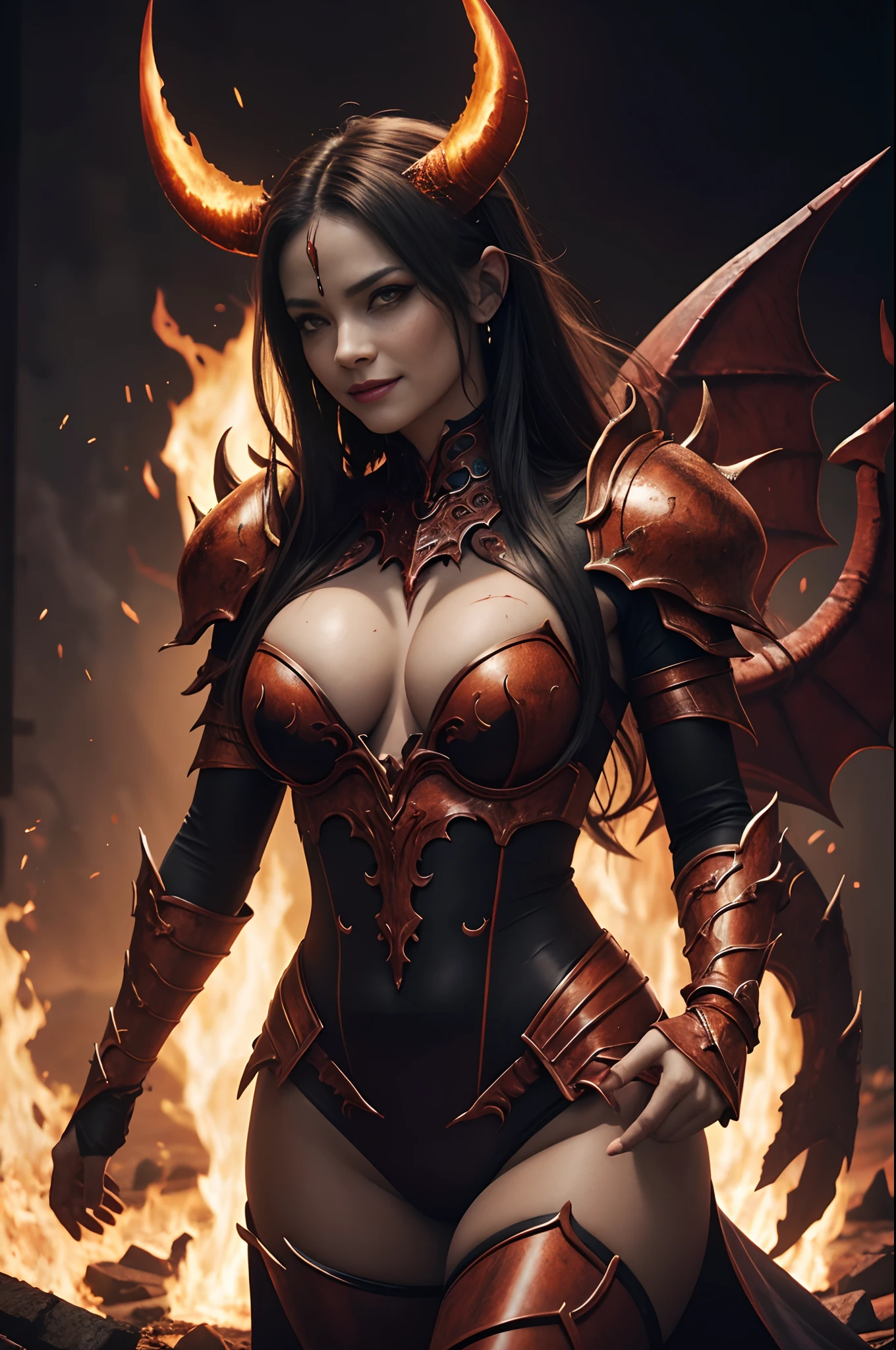 Beautiful mature female demon, horns, tail, cruel smile, red skin, sexy fetish armor, wreathed in fire, (fiery eyes:1.2), temptation, taking your soul, hellscape background, tortured souls, hordes of hell in the distance, (masterpiece), (photorealistic:1.4), RAW photo, best quality, high res, rich colors, backlight, bright sunlight, cinematic lighting, film grain, raw photo, 50mm lens, Nikon D850, warm colors