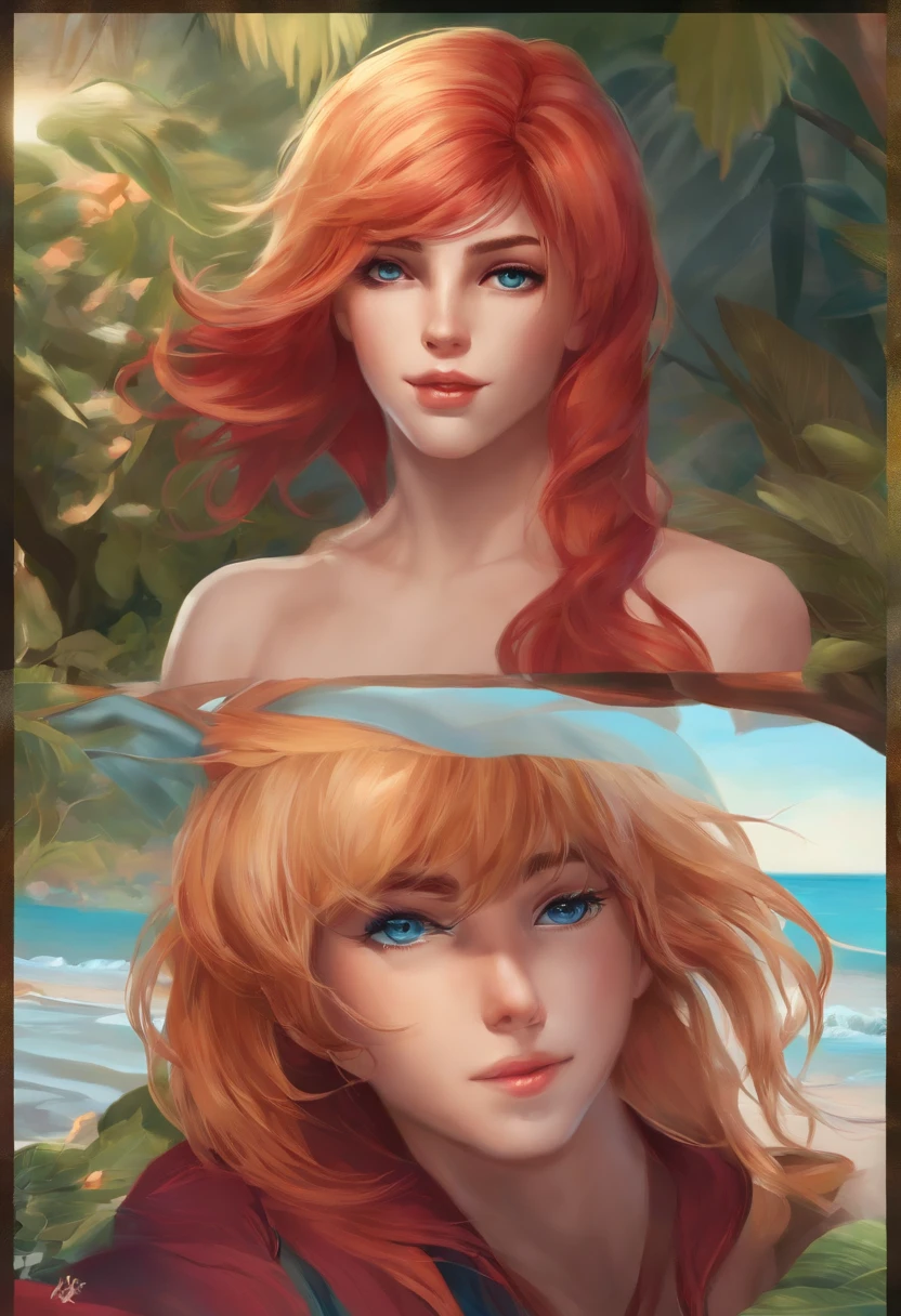 master part, best quality, Altas, AHRI1, 1girl, sozinho, blonde hair, K/da (Liga das Lendas), cabelos longos, cabelos multicoloridos, cabelos abertos, olhos azuis, Cabelos em dois tons, Dia de praia, sorrir, 2 s de ambos os lados, Red-haired boy on the left and blue-haired boy on the right