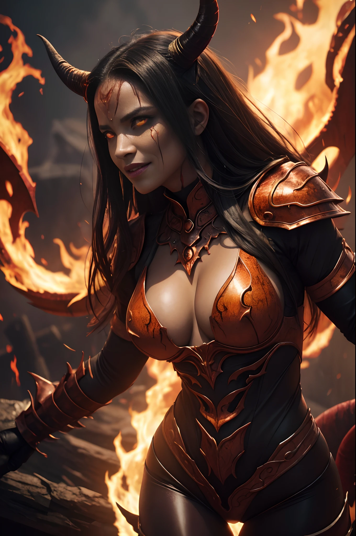 Beautiful mature female demon, horns, tail, cruel smile, red skin, sexy fetish armor, wreathed in fire, (fiery eyes:1.2), temptation, taking your soul, hellscape background, tortured souls, hordes of hell in the distance, (masterpiece), (photorealistic:1.4), RAW photo, best quality, high res, rich colors, backlight, bright sunlight, cinematic lighting, film grain, raw photo, 50mm lens, Nikon D850, warm colors