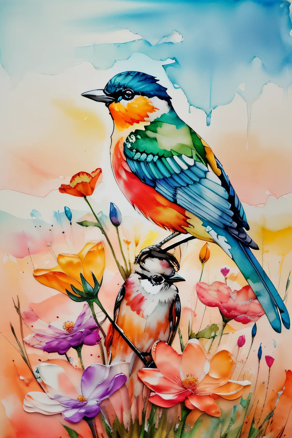 bird, sunrise, flower field, Alcohol ink and impasto mix painting,  explosion, 
yang08k,  beautiful,  colorful,
masterpieces, top quality, best quality, official art, beautiful and aesthetic,