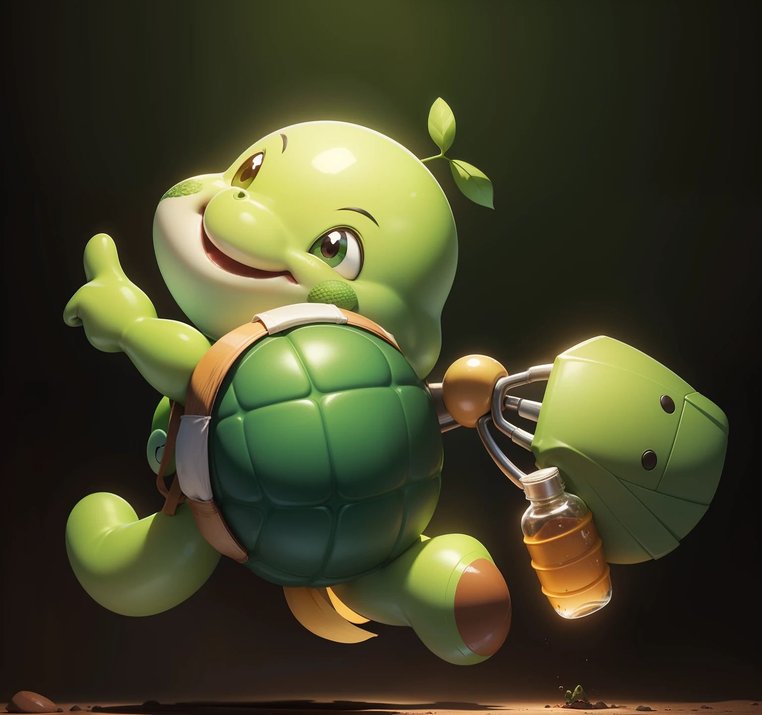 Cute cartoon,Back like,Green skin,The shell is brown,Redfaced,ssmile,Hold a yellow cloth bag in your right hand,mineral water,run,
