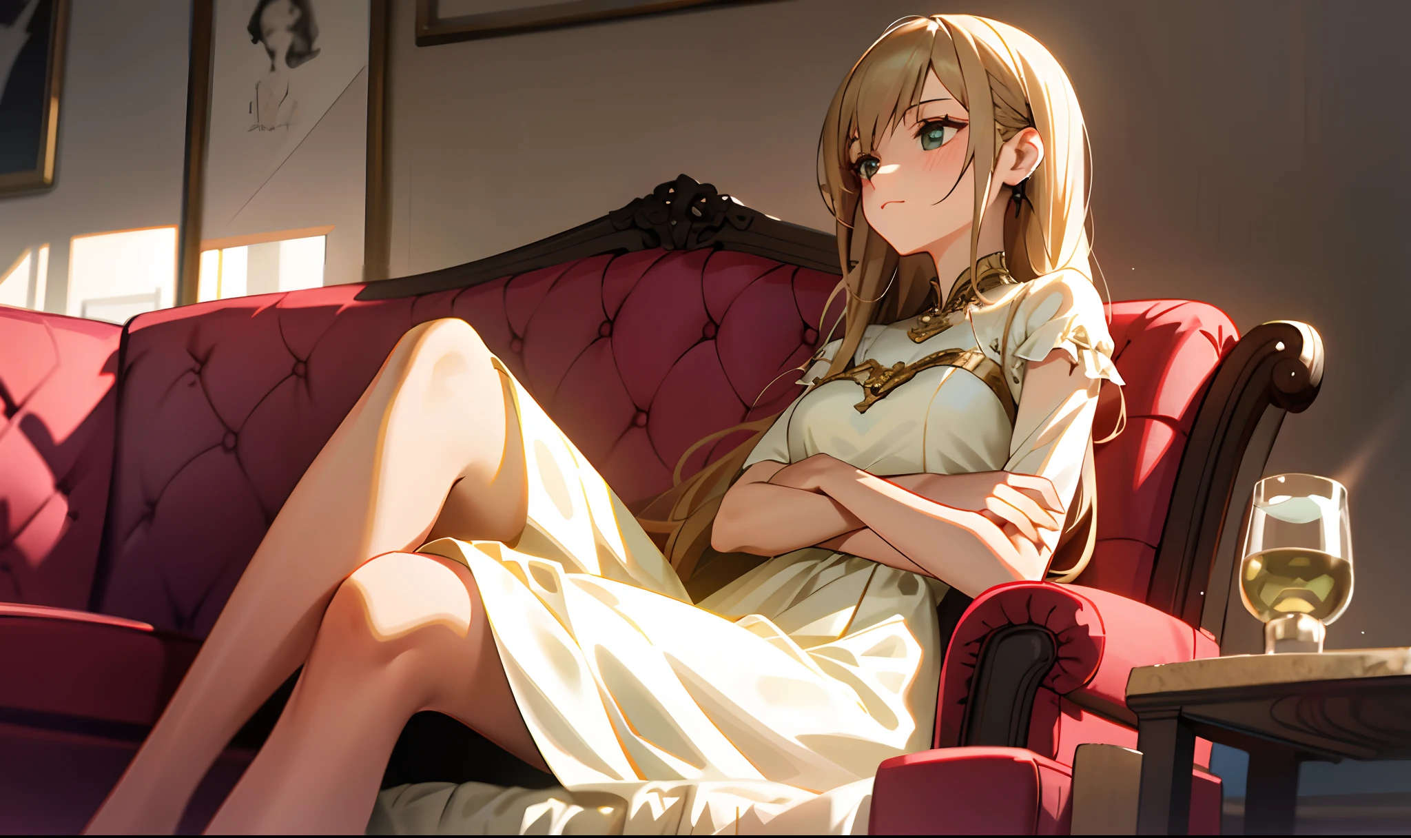 1 girl in a dress,Sit on a comfortable sofa,crossed legs,Soft light