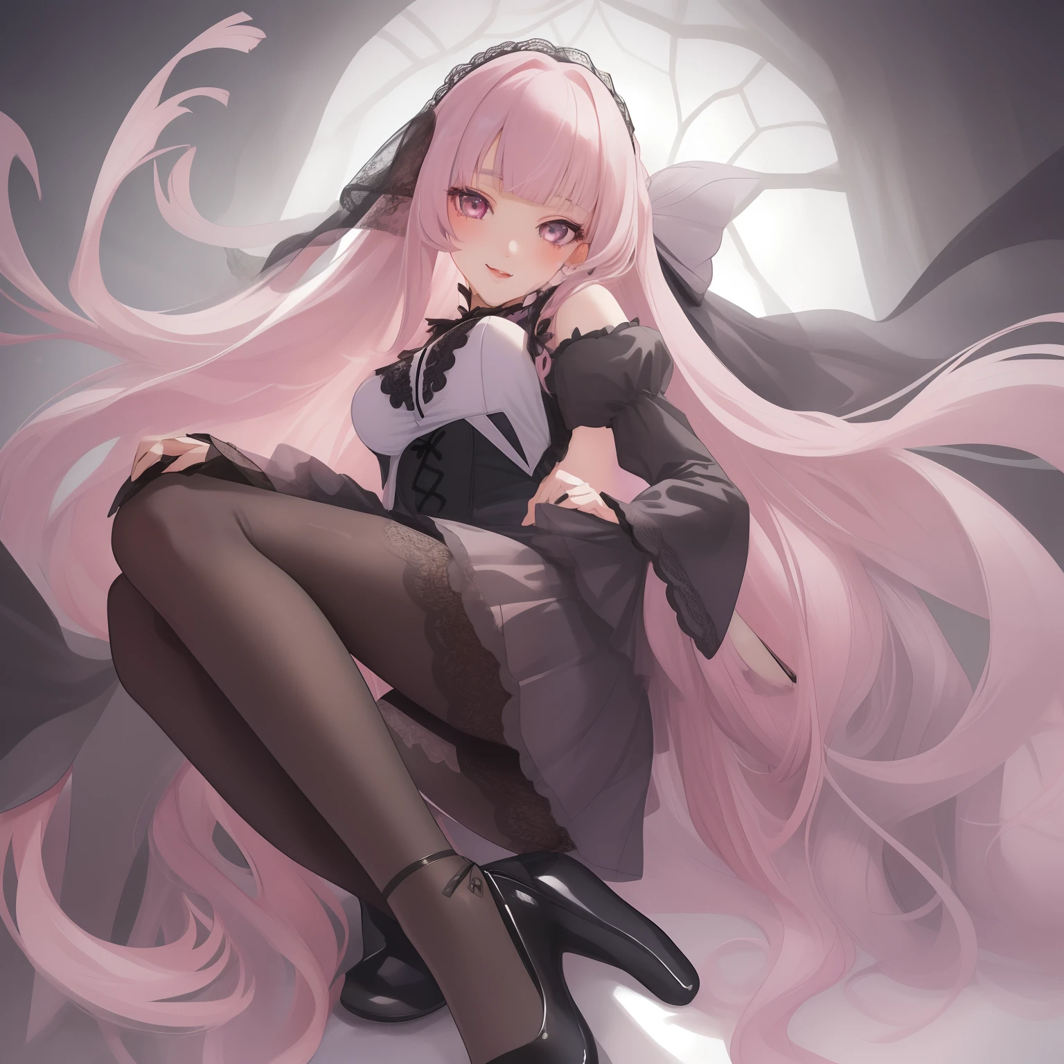 1girl, best quality, exquisite facial features, perfect face, bishoujo, ojousama, {{{grey eyes}}}, straight long pink hair, hime style bangs, lace trim, black gothic, lace pantyhose, light smile