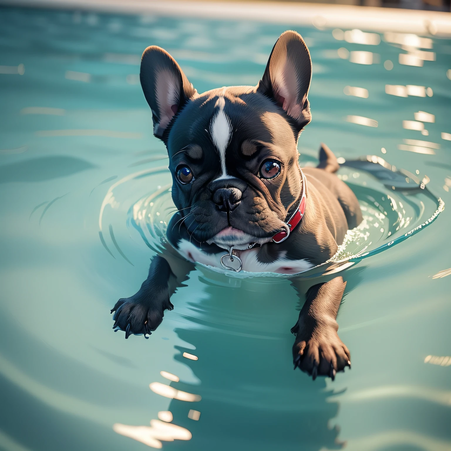 small and cute French bulldog, swimming in the poll