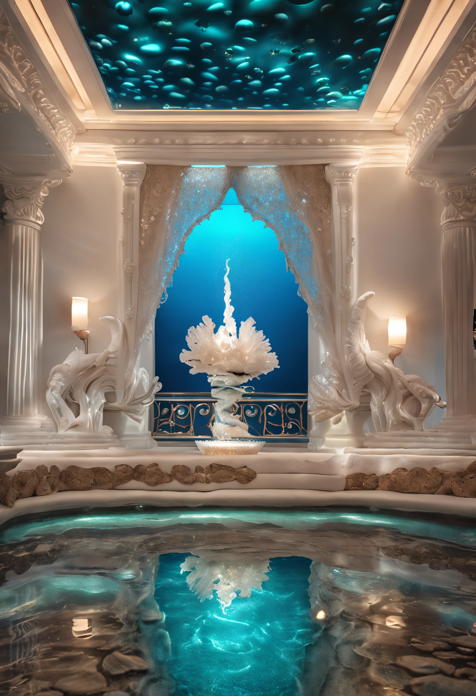hyper realistic photo, ultra detailed photograph of a beautiful crystal clear bed, seashell pillows, mermaidcore, photorealistic, iridescent, hyperrealism, opal blankets, pool above bed, shimmering water, foamy, wavy, sexy, Ultra photoreal, Intricate details, Ultra detailed, elegant photorealistic, great high details, hyper real photo, 8k, extreme quality, mirrors, flowers, jewels, coral, full room, exotic, glimmering lights, magical, sea, paradise, bioluminescence